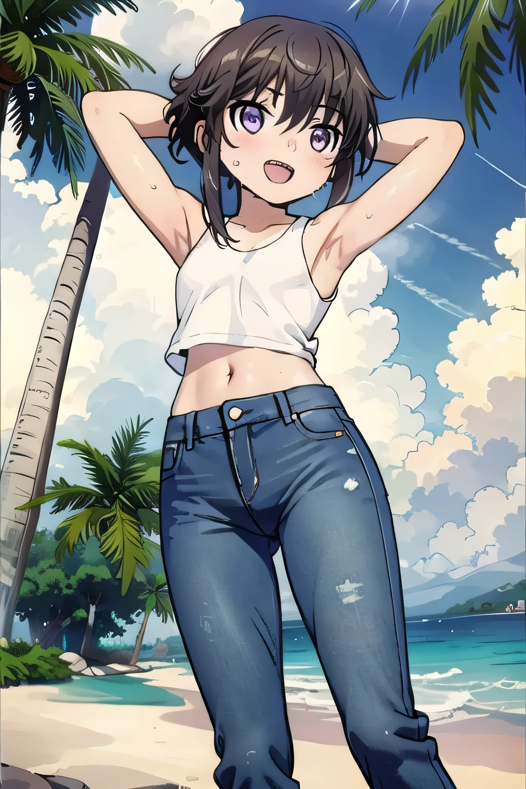 masterpiece,best quality,ultra detail, ((Perfect Face, Perfect Arms, Perfect hands, Perfect Fingers)), 1girl, , peti ((round face, ecstasy, orgasm face, drooping eyes, shame smiling, blush)), dropping eyes, sleepy, Open mouth, ((White teeth)), background((under the beach, (day:1.2), palm tree, bright sky)), Kitayama Shizuku, black hair,short hair with long locks,short hair,sidelocks,purple eyes,bangs, ((arms behind head, hands behind head, fingers behind head)), ((contrapposto)), spread armpits, looking at viewer,, (white tank top:1.2), (white crop top:1.2), (jeans pants:1.2, flares jeans:1.2, skinny jeans:1.2, blue jeans:1.2), standing, (legs spread:1.4), sex pose, Sweaty crotch, Steam from the crotch, from below, whole body