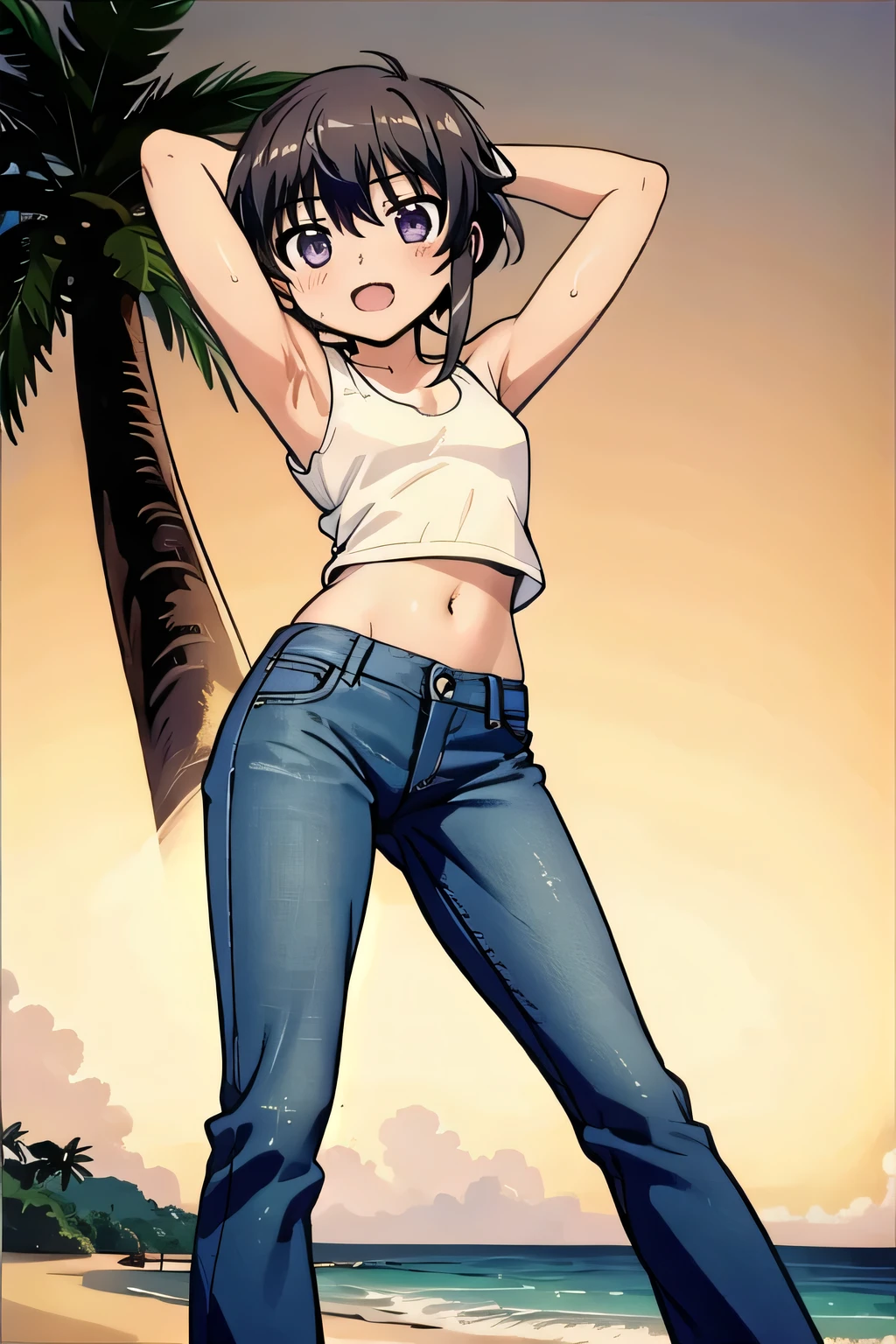 masterpiece,best quality,ultra detail, ((Perfect Face, Perfect Arms, Perfect hands, Perfect Fingers)), 1girl, , petite, ((round face, ecstasy, orgasm face, drooping eyes, shame smiling, blush)), dropping eyes, sleepy, Open mouth, ((White teeth)), background((under the beach, (day:1.2), palm tree, bright sky)), Kitayama Shizuku, black hair,short hair with long locks,short hair,sidelocks,purple eyes,bangs, ((arms behind head, hands behind head, fingers behind head)), ((contrapposto)), spread armpits, looking at viewer,, (white tank top:1.2), (white crop top:1.2), (jeans pants:1.2, flares jeans:1.2, skinny jeans:1.2, blue jeans:1.2), standing, (legs spread:1.4), sex pose, Sweaty crotch, Steam from the crotch, from below, whole body
