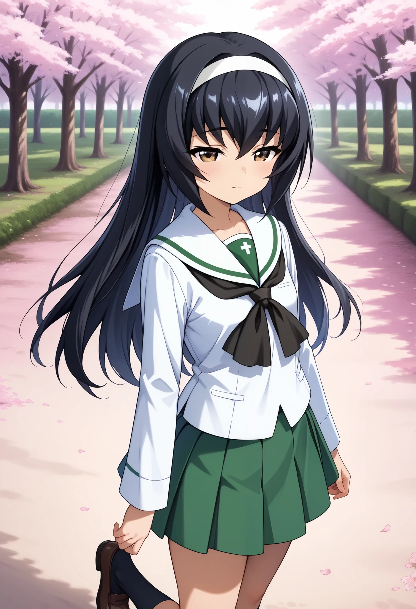 high res, highest quality, Super Quality , one girl、solo、 shot from the front 、Reizei Mako、 outdoor, cherry blossom , I slept half way , Half-close your eyes, long hair, black hair, white hair band, brown eyes, Oarai school uniform, white sailor collar , black neckerchief , white shirt, Long Sleeve, green skirt, black socks, loafers