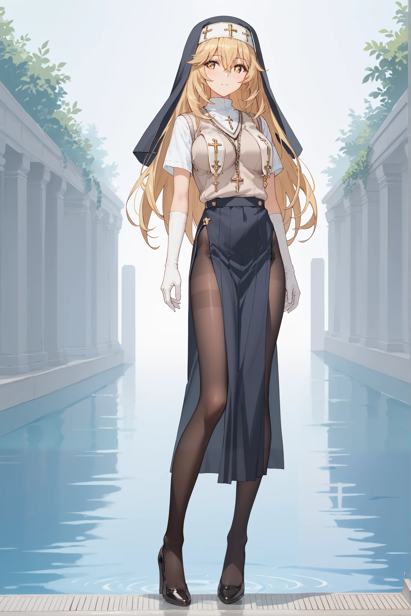 ( stands,whole body, high heels:1.7),ruanyi0847,bodysuit,breast curtains,dress,nun,pantyhose,pelvic curtain
,misaki shokuhou, blonde hair, hair between eyes, long hair, symbol-shaped pupils, yellow eyes,elbow gloves, gloves, school uniform, short sleeves, summer uniform, sweater vest, tokiwadai school uniform, white gloves, light brown sweater vest,