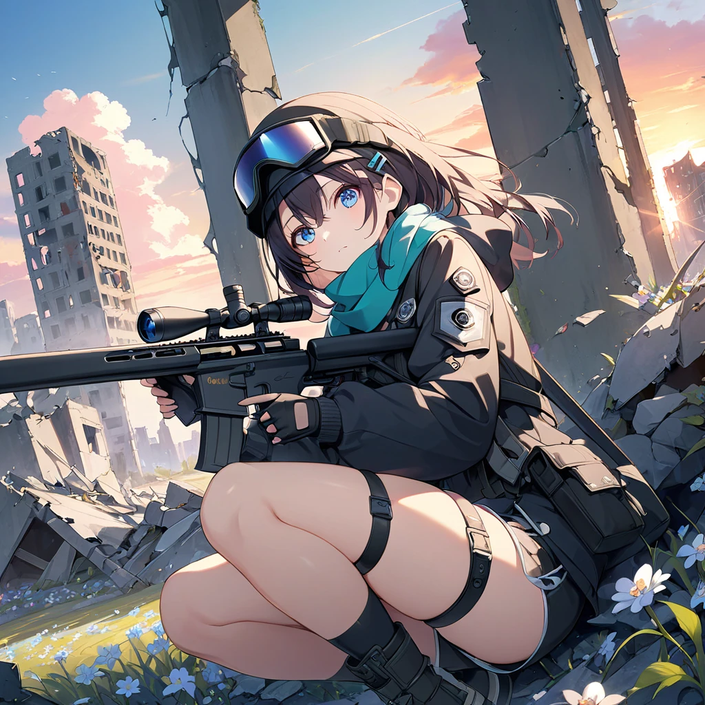 Hide in a ruined city、(sniper scene )、 wear helmets、((Military Equipment))、 masterpiece,  highest quality,  integrated landscape, integrated background,  very delicate and beautiful,  Details, Good composition, ,  cute face ,  Perfect Face,  perfect hand,  highest quality,  expressive eyes,  Perfect Face,  high res,  scarf,  fingerless gloves ,  Long Sleeve, Shorts,  hair ornament ,  hair clip,  black knee high,  black jacket,  thigh strap, Field, sunset_Ruins_landscape_background,  destroyed building, dynamic_ pose ,  staring at viewers ,( covered_belly button:0.7), 1 big_ rifle,carry_ big_ rifle,kneel,  squat ,little_flower, (  sniper  _  stance)、一輪のflowerが咲くフィールド、Leaning against a wall,Lock on
