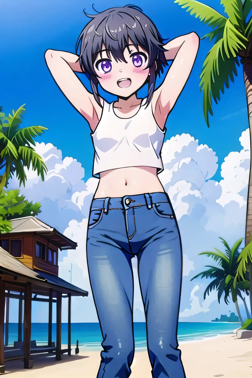 masterpiece,best quality,ultra detail, ((Perfect Face, Perfect Arms, Perfect hands, Perfect Fingers)), 1girl, , peti ((round face, ecstasy, orgasm face, drooping eyes, shame smiling, blush)), dropping eyes, sleepy, Open mouth, ((White teeth)), background((under the beach, (day:1.2), palm tree, bright sky)), Kitayama Shizuku, black hair,short hair with long locks,short hair,sidelocks,purple eyes,bangs, ((arms behind head, hands behind head, fingers behind head)), ((contrapposto)), spread armpits, looking at viewer,, (white tank top:1.2), (white crop top:1.2), (jeans pants:1.2, flares jeans:1.2, skinny jeans:1.2, blue jeans:1.2), standing, (legs spread:1.4), sex pose, Sweaty crotch, Steam from the crotch, from below, whole body