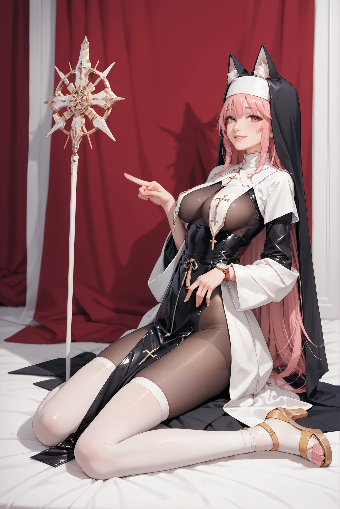 Pink Goddess，eBlue eyes，Cherry small mouth，Long hair that falls over the shoulder，Church black uniform，lewd nun，Bigchest，fishnet stockings，white under lingerie，Tempting