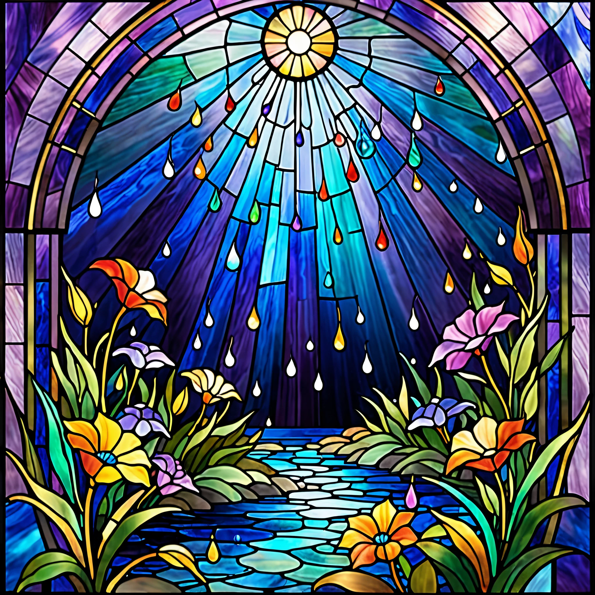 A breathtaking stained-glass-style artwork designed for the brand 'RainbowRainPuzzle.' The image should feature an intricate, colorful scene that embodies the beauty of both rain and vibrant hues. At the center, a mesmerizing cascade of rainbow-colored raindrops falls gracefully, refracting light like real stained glass. Surrounding this, elegant swirling patterns and floral motifs in rich blues, purples, greens, and golds should create a harmonious and artistic composition. The design should evoke a sense of magic, tranquility, and creativity, with delicate black lead outlines defining each section like a true stained-glass masterpiece. The background should have a soft, glowing effect, as if sunlight is filtering through, enhancing the radiant colors and bringing the piece to life.