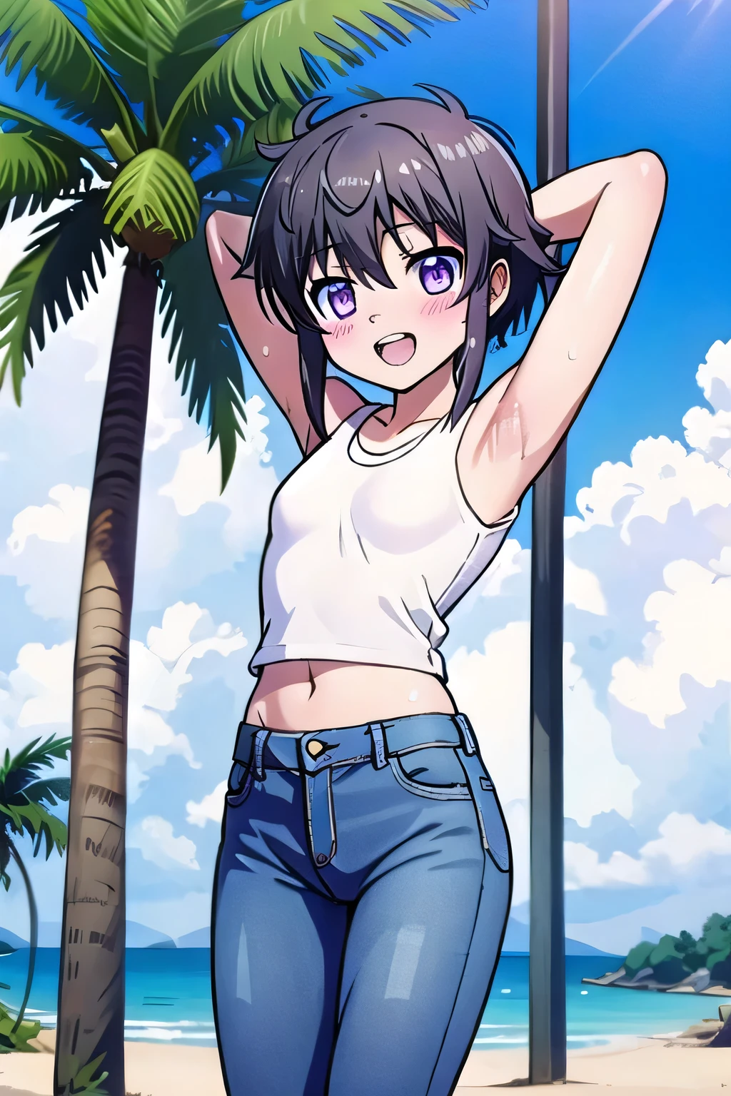 masterpiece,best quality,ultra detail, ((Perfect Face, Perfect Arms, Perfect hands, Perfect Fingers)), 1girl, , peti ((round face, ecstasy, orgasm face, drooping eyes, shame smiling, blush)), dropping eyes, sleepy, Open mouth, ((White teeth)), background((under the beach, (day:1.2), palm tree, bright sky)), Kitayama Shizuku, black hair,short hair with long locks,short hair,sidelocks,purple eyes,bangs, ((arms behind head, hands behind head, fingers behind head)), ((contrapposto)), spread armpits, looking at viewer,, (white tank top:1.2), (white crop top:1.2), (jeans pants:1.2, flares jeans:1.2, skinny jeans:1.2, blue jeans:1.2), standing, (legs spread:1.4), sex pose, Sweaty crotch, Steam from the crotch, from below, cowboy shot