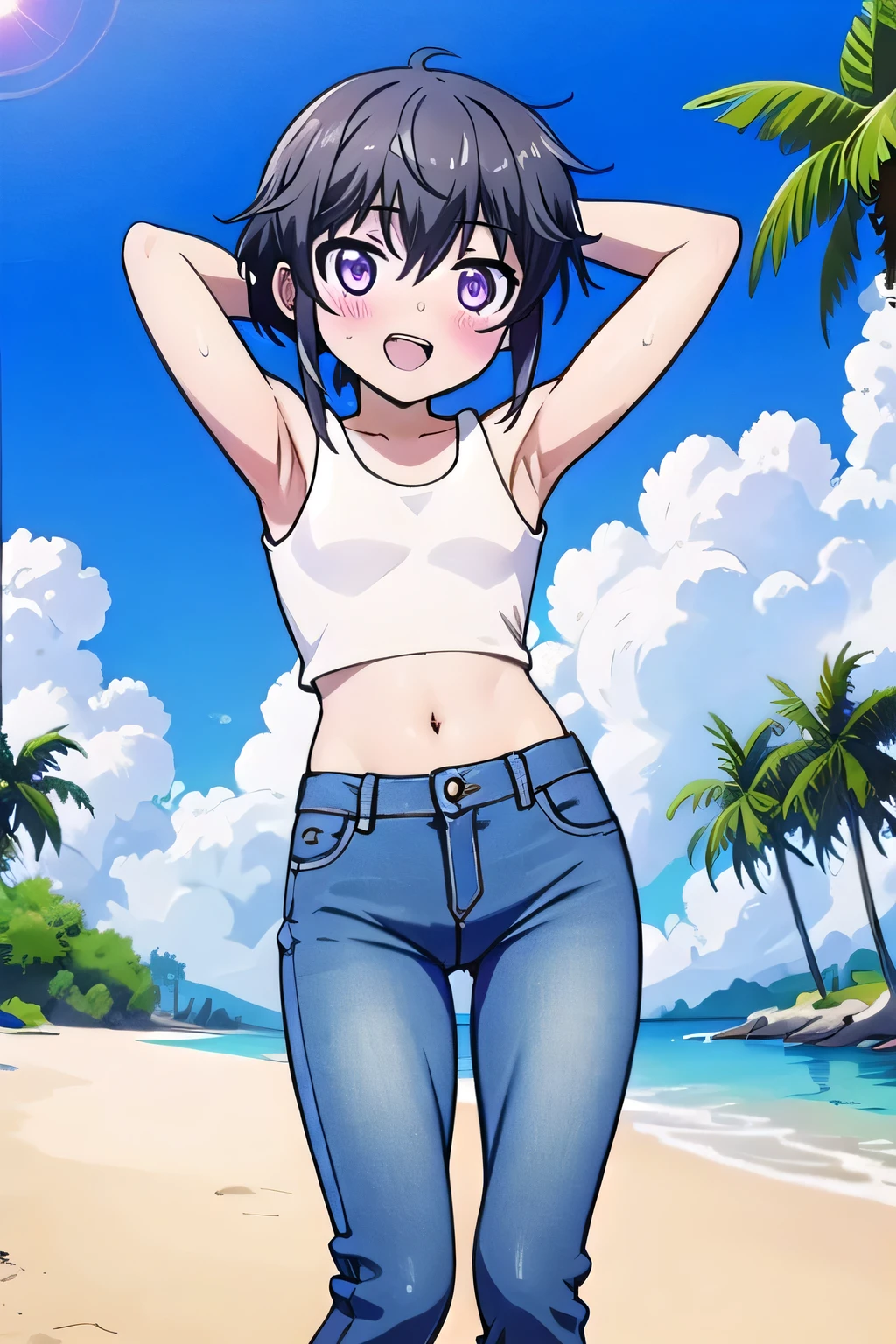 masterpiece,best quality,ultra detail, ((Perfect Face, Perfect Arms, Perfect hands, Perfect Fingers)), 1girl, , peti ((round face, ecstasy, orgasm face, drooping eyes, shame smiling, blush)), dropping eyes, sleepy, Open mouth, ((White teeth)), background((under the beach, (day:1.2), palm tree, bright sky)), Kitayama Shizuku, black hair,short hair with long locks,short hair,sidelocks,purple eyes,bangs, ((arms behind head, hands behind head, fingers behind head)), ((contrapposto)), spread armpits, looking at viewer,, (white tank top:1.2), (white crop top:1.2), (jeans pants:1.2, flares jeans:1.2, skinny jeans:1.2, blue jeans:1.2), standing, (legs spread:1.4), sex pose, Sweaty crotch, Steam from the crotch, from below, cowboy shot