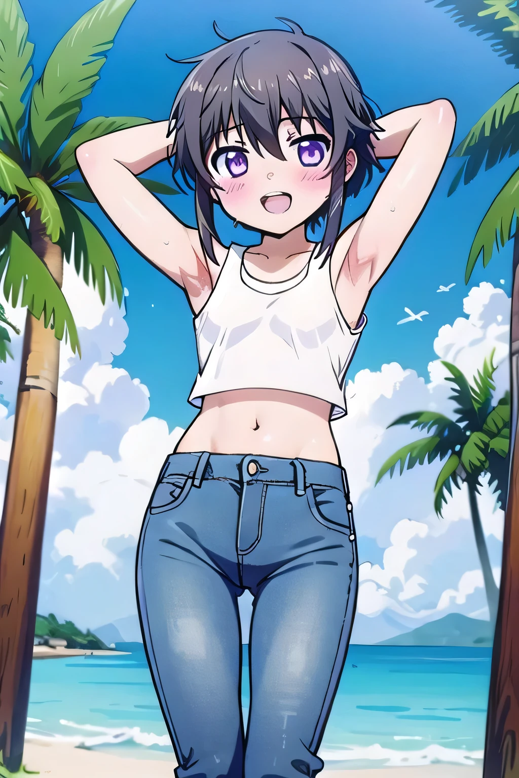 masterpiece,best quality,ultra detail, ((Perfect Face, Perfect Arms, Perfect hands, Perfect Fingers)), 1girl, , peti ((round face, ecstasy, orgasm face, drooping eyes, shame smiling, blush)), dropping eyes, sleepy, Open mouth, ((White teeth)), background((under the beach, (day:1.2), palm tree, bright sky)), Kitayama Shizuku, black hair,short hair with long locks,short hair,sidelocks,purple eyes,bangs, ((arms behind head, hands behind head, fingers behind head)), ((contrapposto)), spread armpits, looking at viewer,, (white tank top:1.2), (white crop top:1.2), (jeans pants:1.2, flares jeans:1.2, skinny jeans:1.2, blue jeans:1.2), standing, (legs spread:1.4), sex pose, Sweaty crotch, Steam from the crotch, from below, cowboy shot