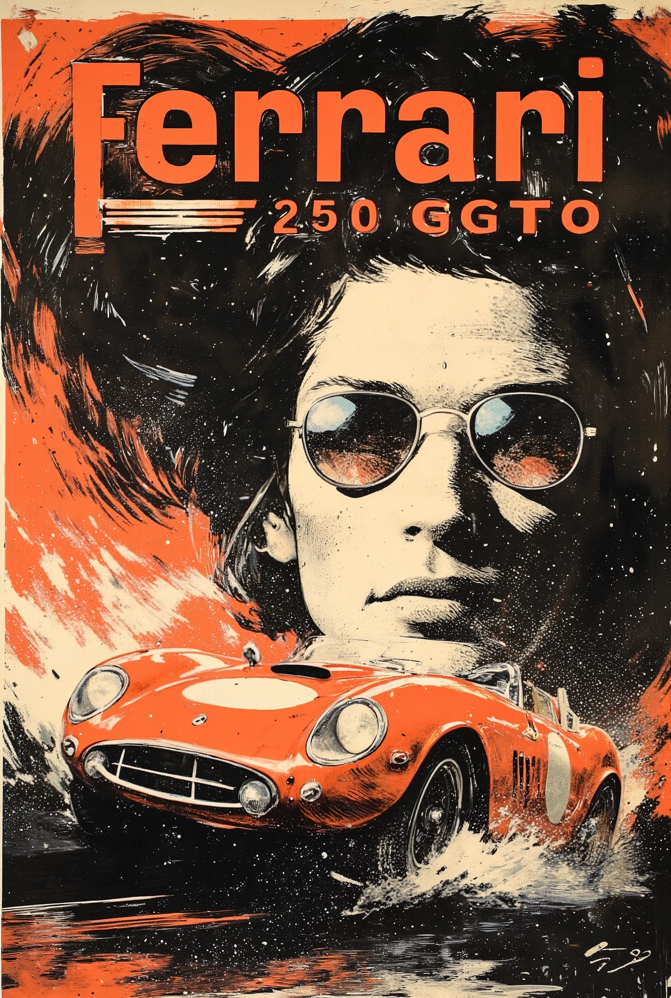 A bright and artistic poster depicting a Ferrari 250 GTO.  The words "Ferrari 250 GTO" are written above the car in a prominent place in stylized large font. In the background is a stylized conditional blurred portrait of a woman in mirrored sunglasses with her hair fluttering in the wind. Speed reflections are visible in the reflection of her glasses. Laconic textured style with flecks, splashes, prints, and abstract lines. The dominant color scheme is sepia black and white. The focus is on a bright orange car and an abstract brush stroke of the same color in the sunglasses area. The overall composition has a sense of speed and vintage style. The author's digital art combines elements of street art, graffiti and fine art, graphics and art. Modern and at the same time vintage, consider using elements of street art, graffiti and fine art to create a modern and at the same time vintage aesthetic.