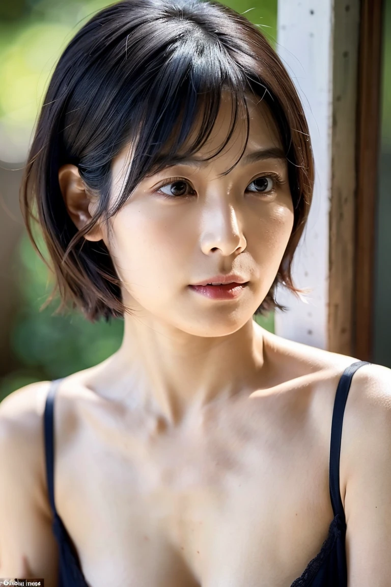 (highest quality, 8k, 32k, masterpiece, Ultra-high resolution:1.2),Beautiful Japanese Women Photos,Black Short Hair,Beautiful Face,(Leaning forward:1.3),squat,(From above:1.2),(close:1.4),throw,Loose T-shirt,Big Breasts,(Beautiful nipple slip:0.9),Outdoor,the wind is strong,Shiny skin,Blurred Background,