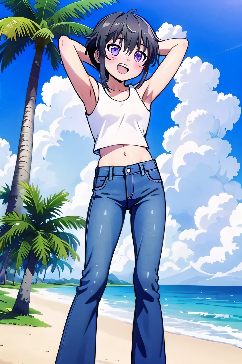 masterpiece,best quality,ultra detail, ((Perfect Face, Perfect Arms, Perfect hands, Perfect Fingers)), 1girl, , peti ((round face, ecstasy, orgasm face, drooping eyes, shame smiling, blush)), dropping eyes, sleepy, Open mouth, ((White teeth)), background((under the beach, (day:1.2), palm tree, bright sky)), Kitayama Shizuku, black hair,short hair with long locks,short hair,sidelocks,purple eyes,bangs, ((arms behind head, hands behind head, fingers behind head)), ((contrapposto)), spread armpits, looking at viewer,, (white tank top:1.2), (white crop top:1.2), (jeans pants:1.2, flares jeans:1.2, skinny jeans:1.2, blue jeans:1.2), standing, (legs spread:1.4), sex pose, Sweaty crotch, Steam from the crotch, from below, whole body
