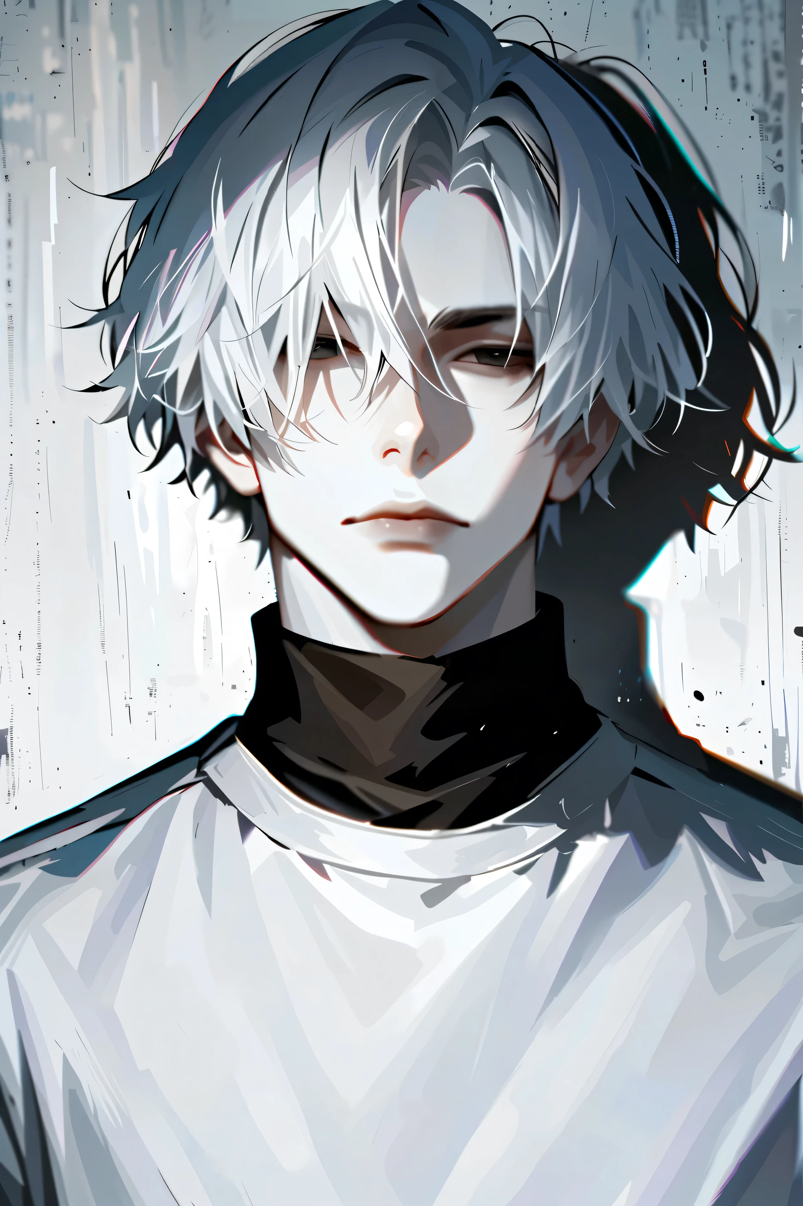 impasto, short hair, masterpiece, best quality, 1 man , white hair , perfect face , black eye , handsome male , Alone, pale skin , adult male , upper body , delicate line drawing,Extremely detailed , a faint smile, black turtleneck