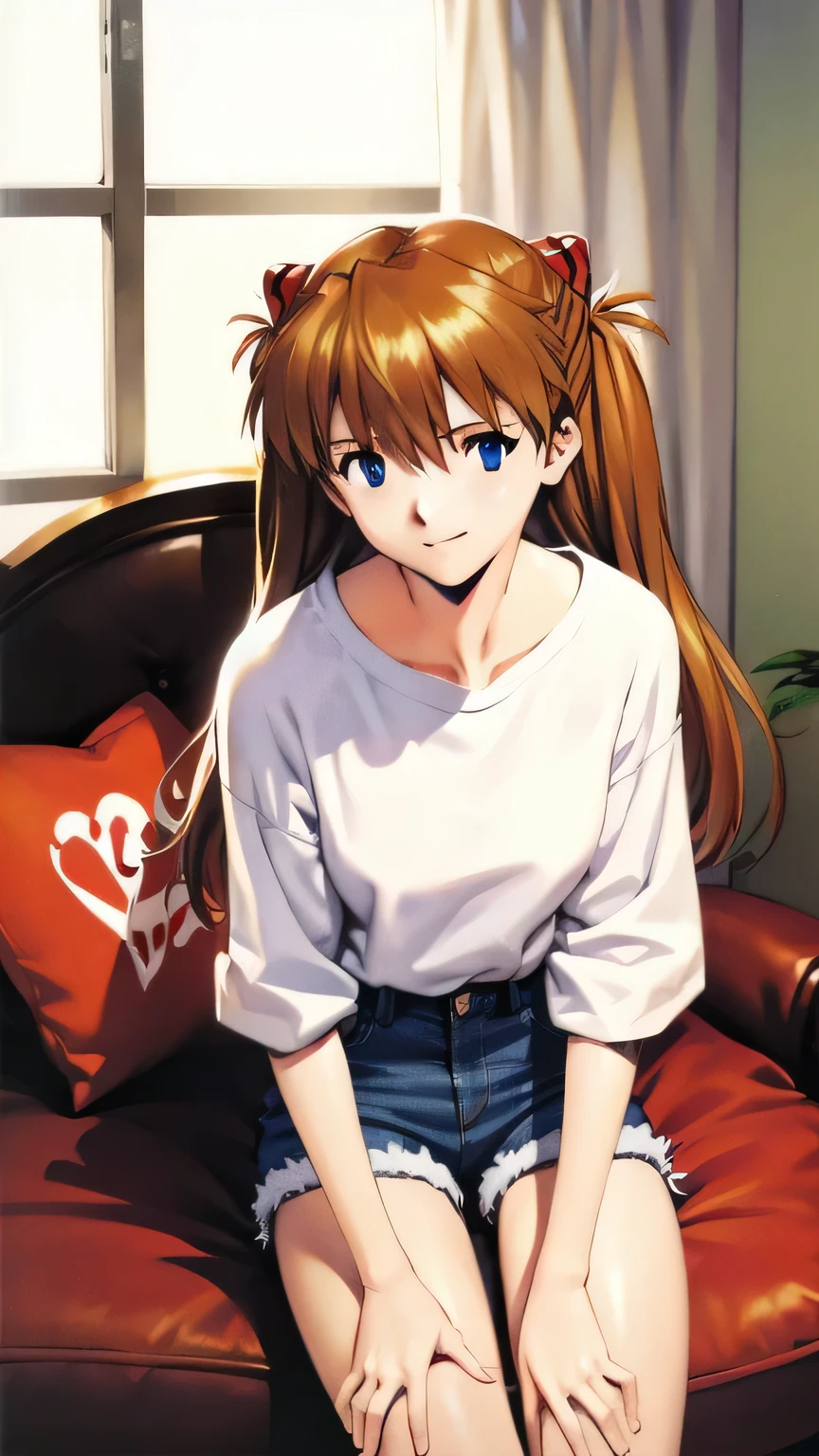 Supreme Masterpiece, masterpiece, highest quality, Bedroom, (evangelion, Yoshiyuki Sadamoto, Soryu Asuka Langley), 1girl , light brown hair, white plain t-shirt, denim shorts, looking at viewer, smile,