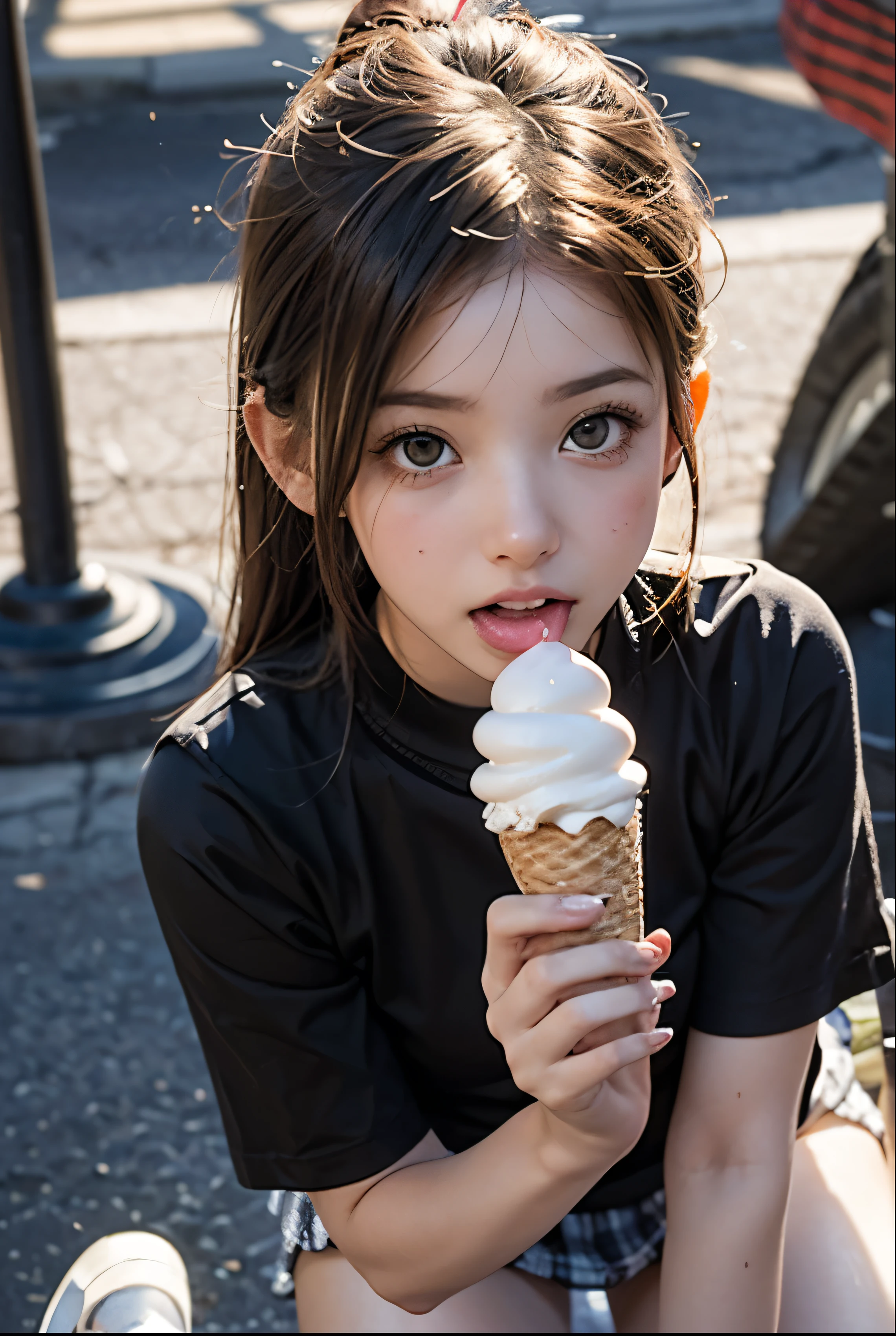 sassy girl (tween) In miniskirt , kneeling, legs spread apart, gap between thighs, sucking ice cream , holding ice cream cone in hand