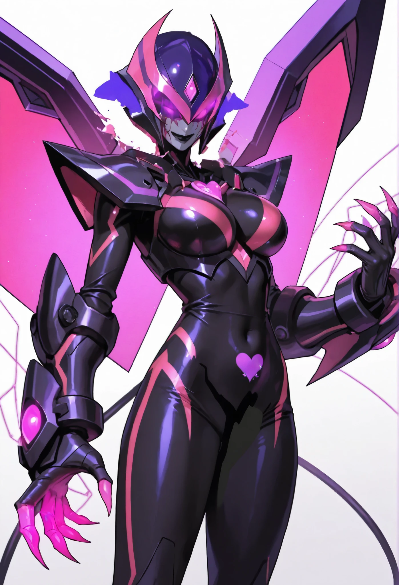 Dark UltraWoman. (high quality)(luster)((Black Face and red eyeline))(Black thema color. Purple thema color. black helmet. A full-face helmet. Pink lines. Purple glowing mechanical eyes. The whole body is covered with a black bodysuit. Thick legs. Spike decoration. Pink lines all over the body. Heart tattoo . purple coloreye. pink glow crystal. pink sharp claw. White background.