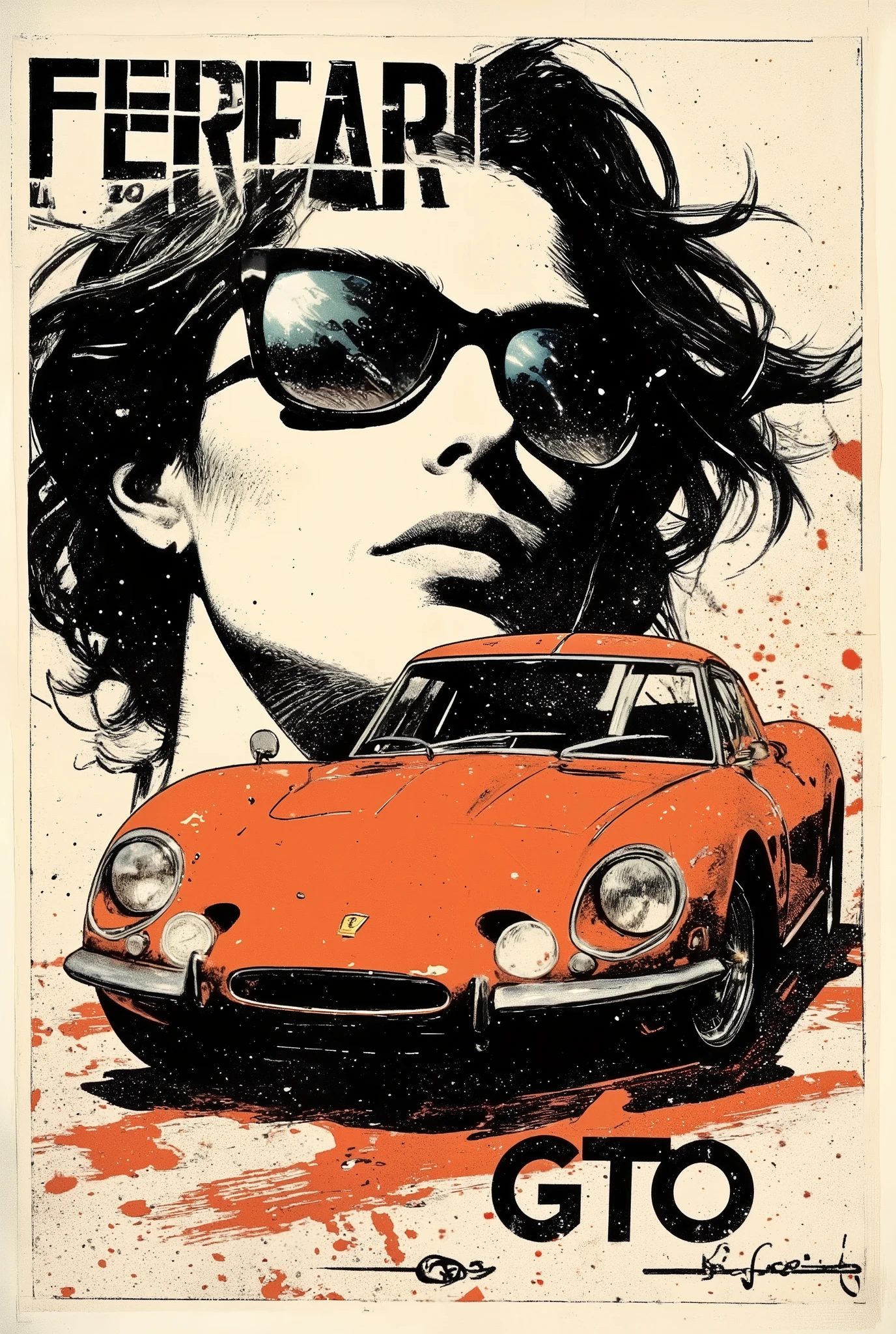 A bright and artistic poster depicting a Ferrari 250 GTO. The words "Ferrari 250 GTO" are written above the car in a prominent place in stylized large font. In the background is a stylized conditional blurred portrait of a woman in mirrored sunglasses with her hair fluttering in the wind. Speed reflections are visible in the reflection of her glasses. Laconic textured style with flecks, splashes, prints, and abstract lines. The dominant color scheme is sepia black and white. The focus is on a bright orange car and an abstract brush stroke of the same color in the sunglasses area. The overall composition has a sense of speed and vintage style. The author's digital art combines elements of street art, graffiti and fine art, graphics and art. Modern and at the same time vintage, consider using elements of street art, graffiti and fine art to create a modern and at the same time vintage aesthetic.