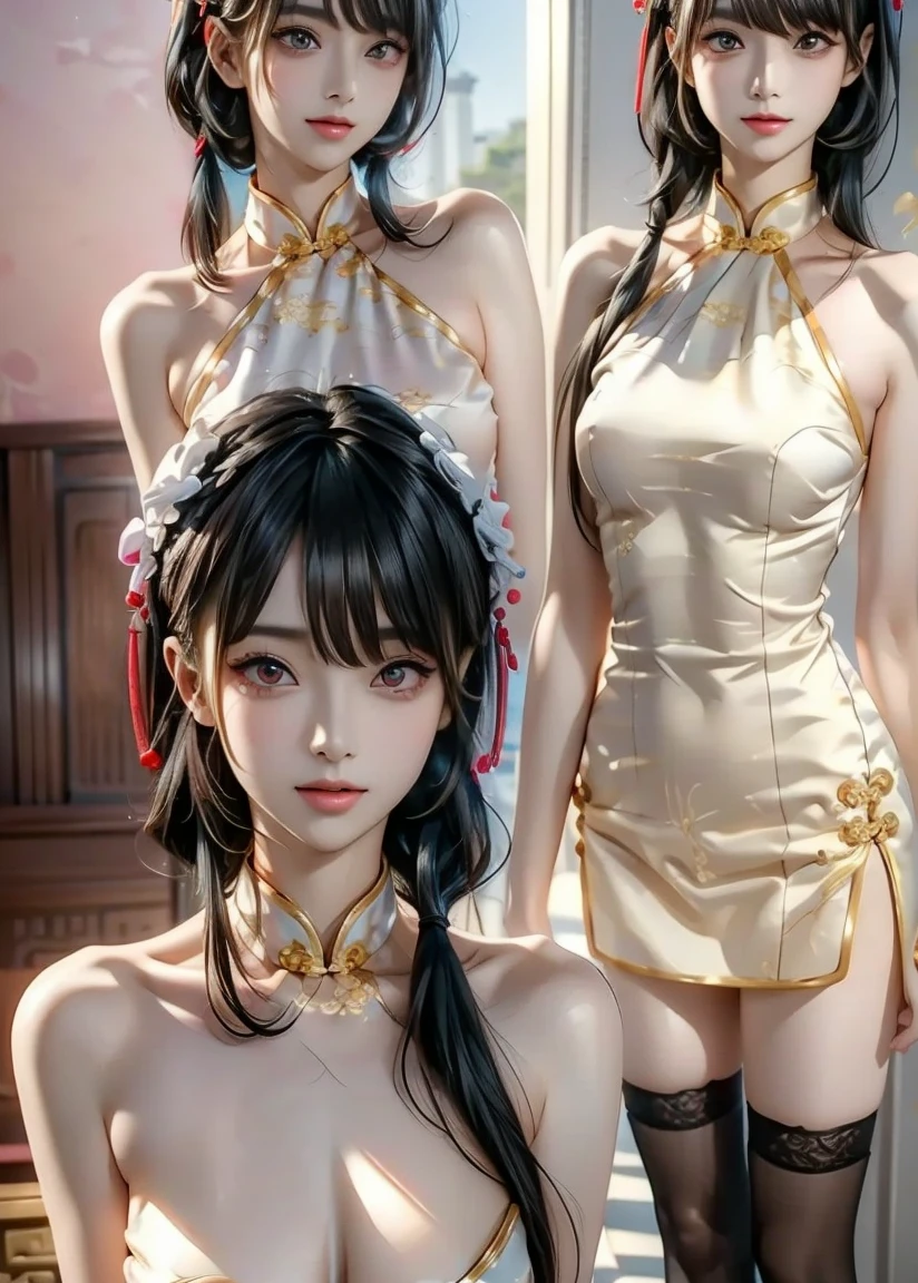 masterpiece, ((Highest quality, Detailed and realistic 3D))、wedding、2人のcute裸の女の子、cute:1.3、smile、smile、Mr.々Hair style、pubic hair、Are thin、Open Stance:1.2)、(((Full nudity、Smaller breasts、Pussy)))、(Realistic and detailed skin texture、Big beautiful eyes、hair ornaments、See-through、Mesh fabric、Light colored wedding dresses)、((The characters are unique、Mr.々Hair style