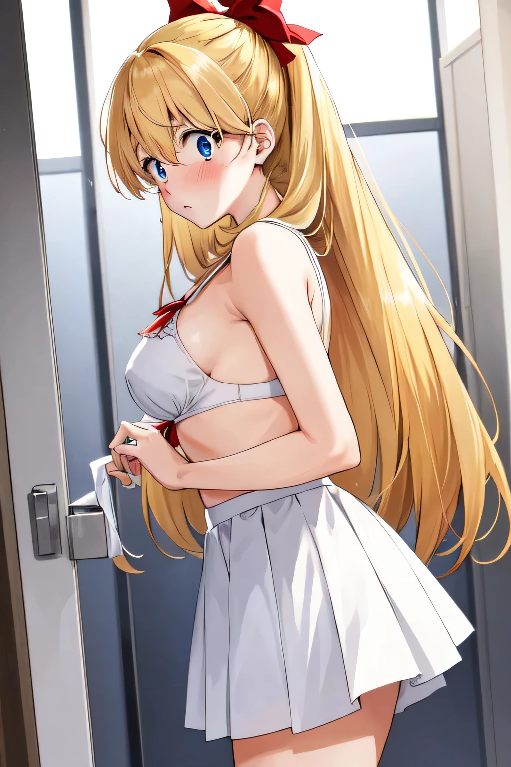  Masterpiece,  top quality,  Ultra Detailed, 8K, 1990's Anime, from side, (Aino Minako), 1girls, very surprised, very panicked, very shocked, Puffing out her cheeks cutely:1.3, Startled expression, Surprised gasp,  blue eyes, blush:1.2, look at viewer with very surprised eyes:1.2, in your bra:1.3, white pleated skirt, blonde long hair with red ribbon, red bow,  Changing room in public bath, Locker room