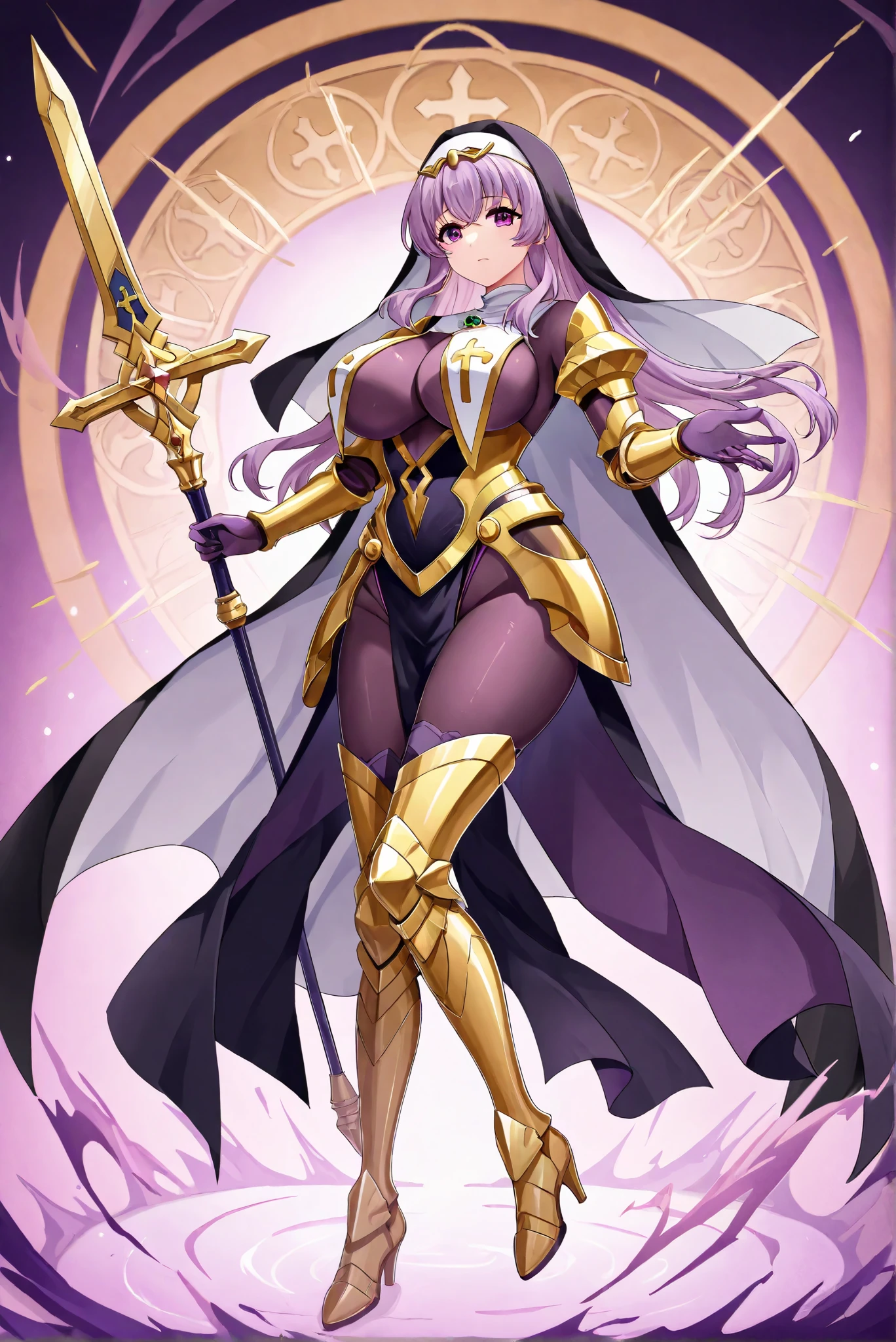 ( stands,whole body, high heels:1.7),ruanyi0847,bodysuit,breast curtains,dress,nun,pantyhose,pelvic curtain,claudette_vance, 1girl , large breasts, purple eyes,armor, Golden bikini armor, cape, highleg, purple highleg panties, purple underwear, armored boots,