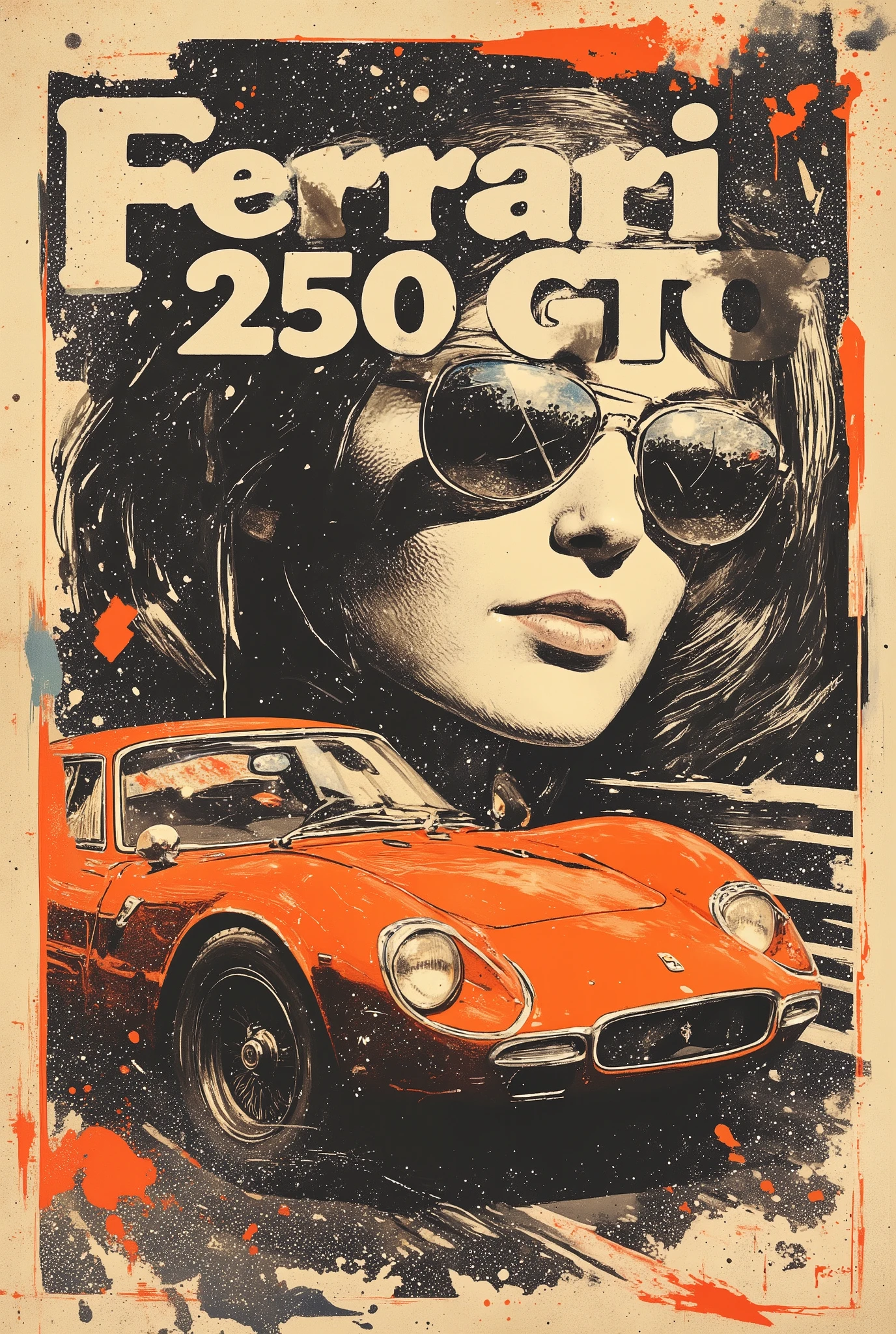 A bright and artistic poster depicting a Ferrari 250 GTO.  The words "Ferrari 250 GTO" are written above the car in a prominent place in stylized large font. In the background is a stylized conditional blurred portrait of a woman in mirrored sunglasses with her hair fluttering in the wind. Speed reflections are visible in the reflection of her glasses. Laconic textured style with flecks, splashes, prints, and abstract lines. The dominant color scheme is sepia black and white. The focus is on a bright orange car and an abstract brush stroke of the same color in the sunglasses area. The overall composition has a sense of speed and vintage style. The author's digital art combines elements of street art, graffiti and fine art, graphics and art. Modern and at the same time vintage, consider using elements of street art, graffiti and fine art to create a modern and at the same time vintage aesthetic.