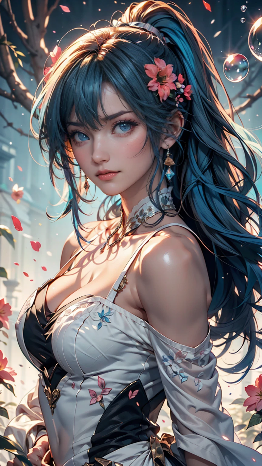 ((Highest quality, 8K, masterpiece: 1.3)), ((One girl:1.5)), The beauty of slim abs: 1.3, Casual Hairstyles, (Blue Long Group: 1.5), Super detailed face, Delicate eyes, double eyelid, smile, (Showing the tiger's fangs: 1.2), Dancing、Sexy proportions、Sexy、Narrow waist