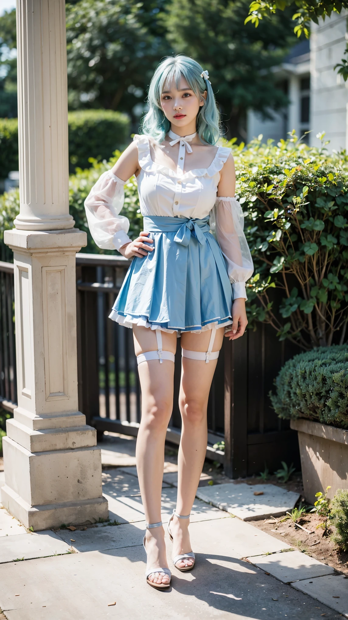 (8k、 last century raw photo 、 highest quality、 Masterpiece:1.2)、( by Nomi、 by Nomi)、1 person、((light blue、 garter belt 、 see-through 、frills、ribbon、 check mini skirt 、 temple、 big breasts at the temple、 Read more、 curly hair、 garter belt 、garden、 Bbo~ 、 camera 、A beautiful, elegant mature woman in her 50s is standing with her hands on her hips 、whole body )、 cute、( mint hair:1)