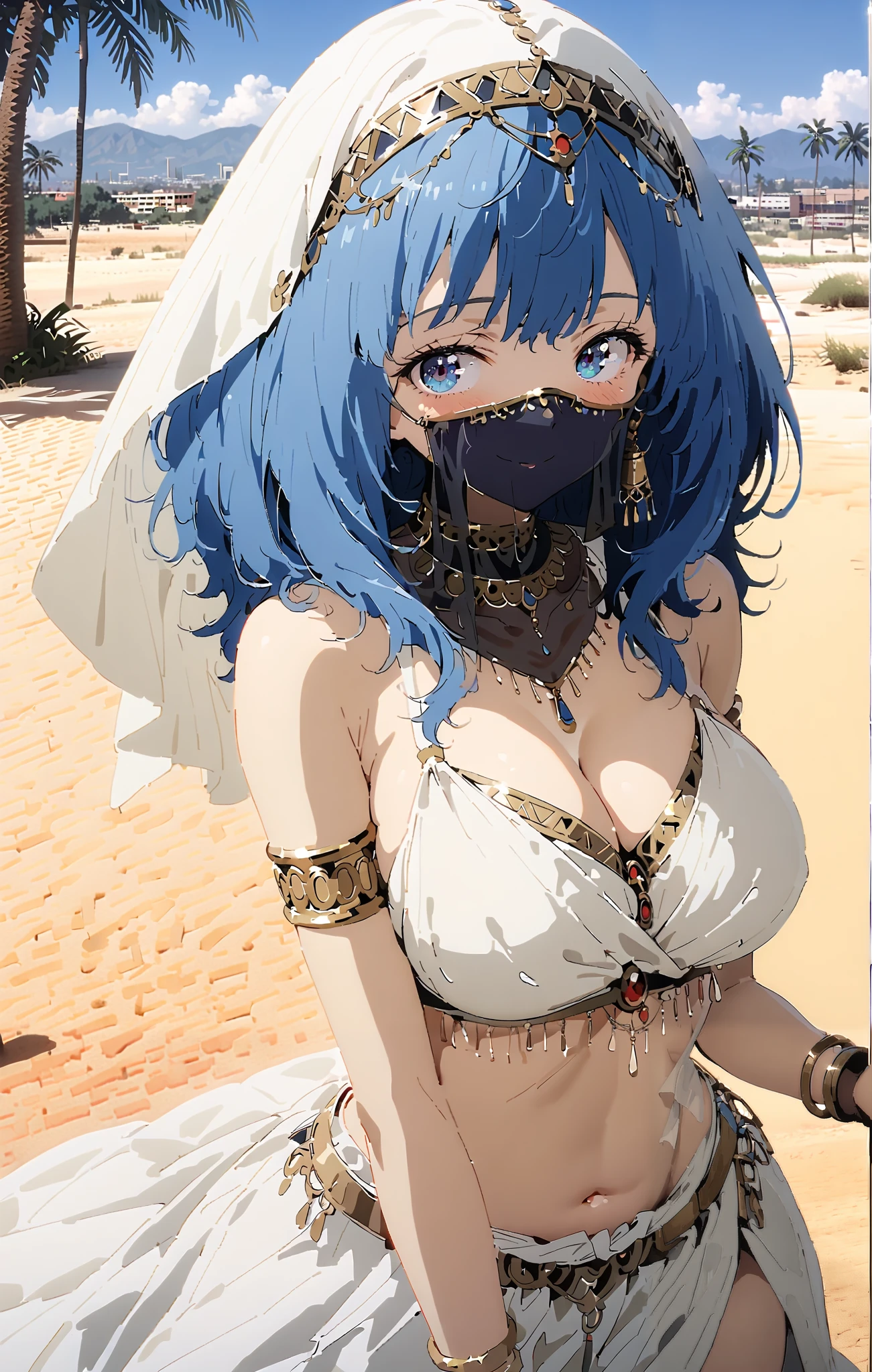 Anayanami ,   medium hair,  blue eyes, stupid hair, blue hair,smile,blush,Big Breasts, cleavage, Arabian clothing,  dancer , mouth Veil, belly Dancing, Veil,  armlet,Bare legs,  standing, palm tree, whole bodyがイラストに入るように                                                        break outdoors,  desert, oasis,
break looking at viewer,whole body,
break ( Masterpiece:1.2), highest quality , kampala, Unity 8K Wallpaper ,(shape:0.8),(  fine, beautiful eyes  :1.6),It's a person ,whole body写真,CG Details , ( perfect hands, Complete Anatomy),