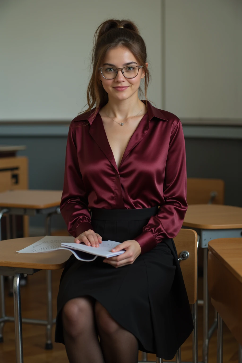 Gemma Arterton, teacher clothes, glasses, red lipstick.