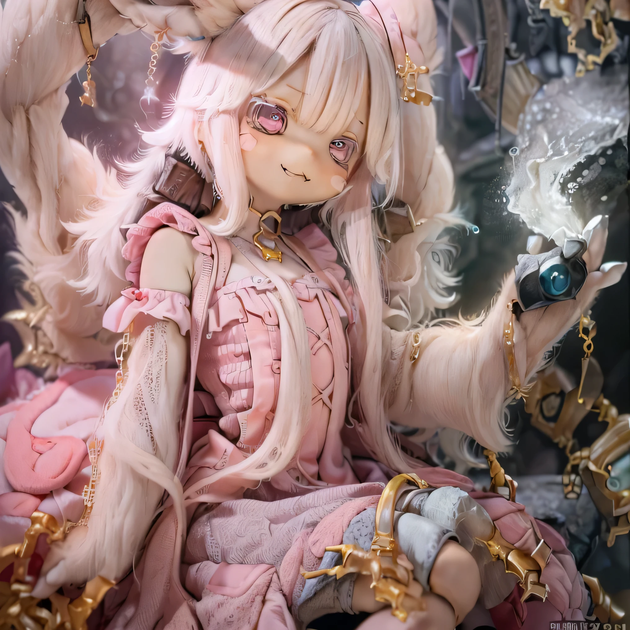 , smile, Photorealistic rendering with a warm and bright atmosphere . Similar to a forest setting , it combines , beautiful eyes and lips . ((( Photorealistic rendering similar to Chibi's character style ,))) . image quality is excellent , Illumination highly detailed and realistic features that create a warm and bright atmosphere . The medium of this work is、 I created an illustration .. The colors are vivid、 illumination、 Made in Abyss 、use 。 whole body((((( cute pink dress ))))) (Lie down and take a sexy pose )