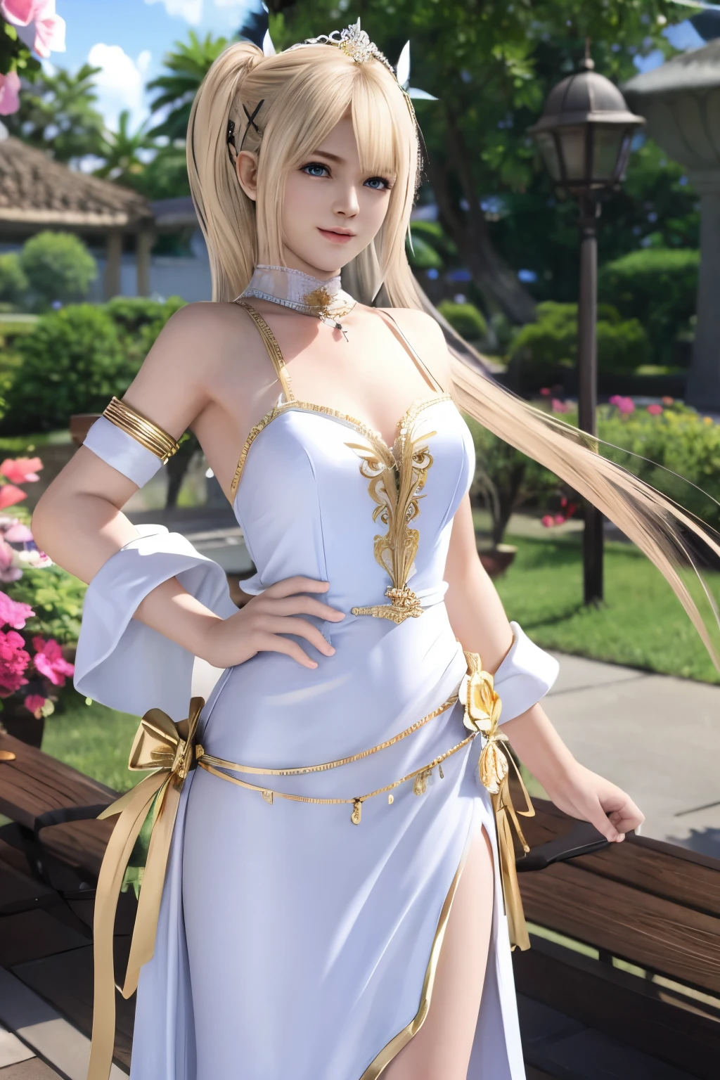 Marie rose, master-piece, best quality, maxi dress outfit, white and gold, maxi accesories, maxi headpiece, slight smile
