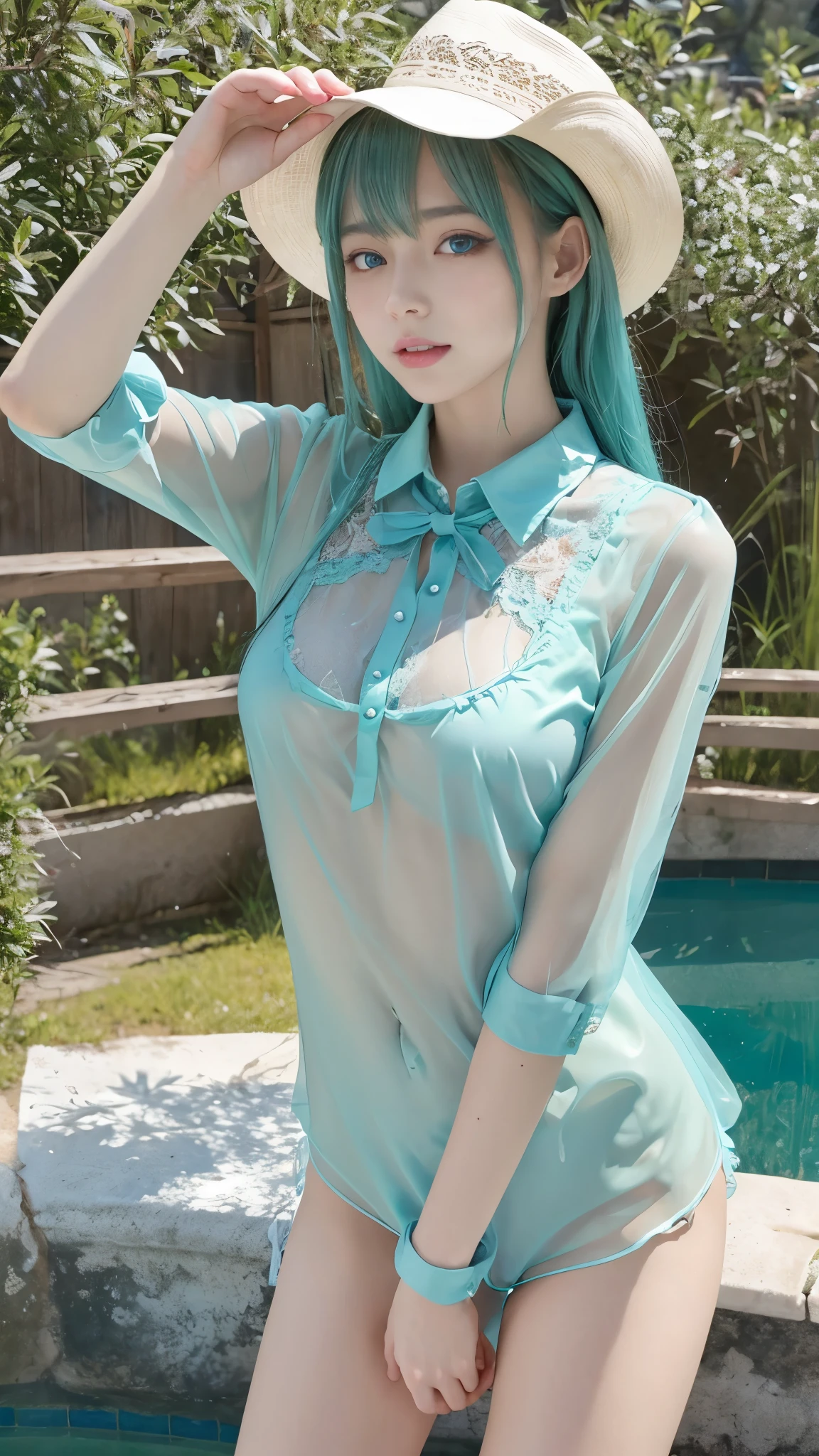 A thin, transparent polo shirt、Reduce milk、Transparent nipples、pantyhose/stockings、Transparent underwear、Leaning forward、Sexy pose、forest、
Light blue hair