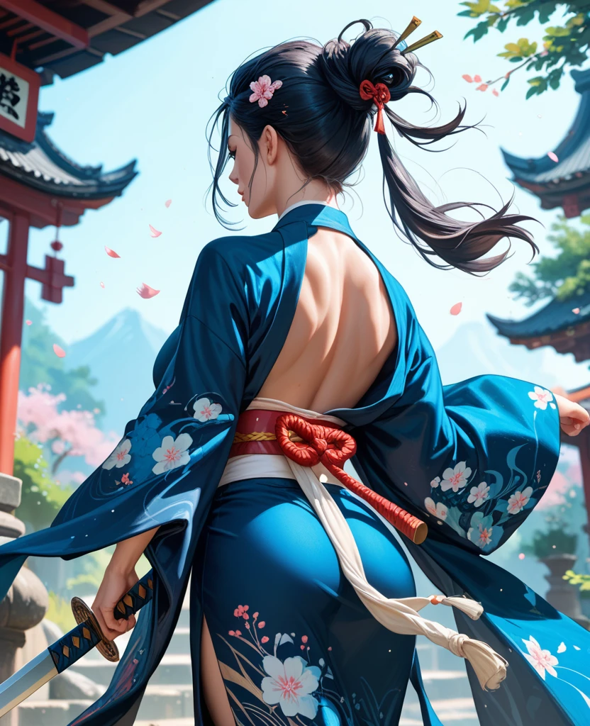 Masterpiece, super high quality, super detail, perfect drawing, CG, 3D, 8k, illustration, cute face girl, a beautiful girl from Japan, samurai costume, kimono, kimono, hakama, black hair, ponytail, big red ribbon, equipped with two Japan swords at left waist (120cm sword, 90cm wakizashi), Japan armor, back of hand, metal bowl (bowl roll with metal plate on forehead), hanging eyes, beautiful expression, dignified and handsome, beautiful smile, hands on sword hilt, cute round buttocks, turn with a smile, butt coming out pose, 3 sizes B90W60H95, moonlight leaking from the clouds, old castle, ruins, gradient sky, beautiful girl in loincloth Japanese clothes without shirt Rich breasts Appearance of the back Beautiful well-formed face Loli big ass Look back with a cute smile MeasurementsB95W60H90, masterpiece, hyper quality, hyper detailed, perfect drawing, soil, bright, beautiful, majestic, elegant, bright, flower and bird wind moon, fantastic, passionate, dynamism, sense of speed, picturesque masterpiece, super high quality, super detail, perfect drawing, cg, 3d, 8k, illustration