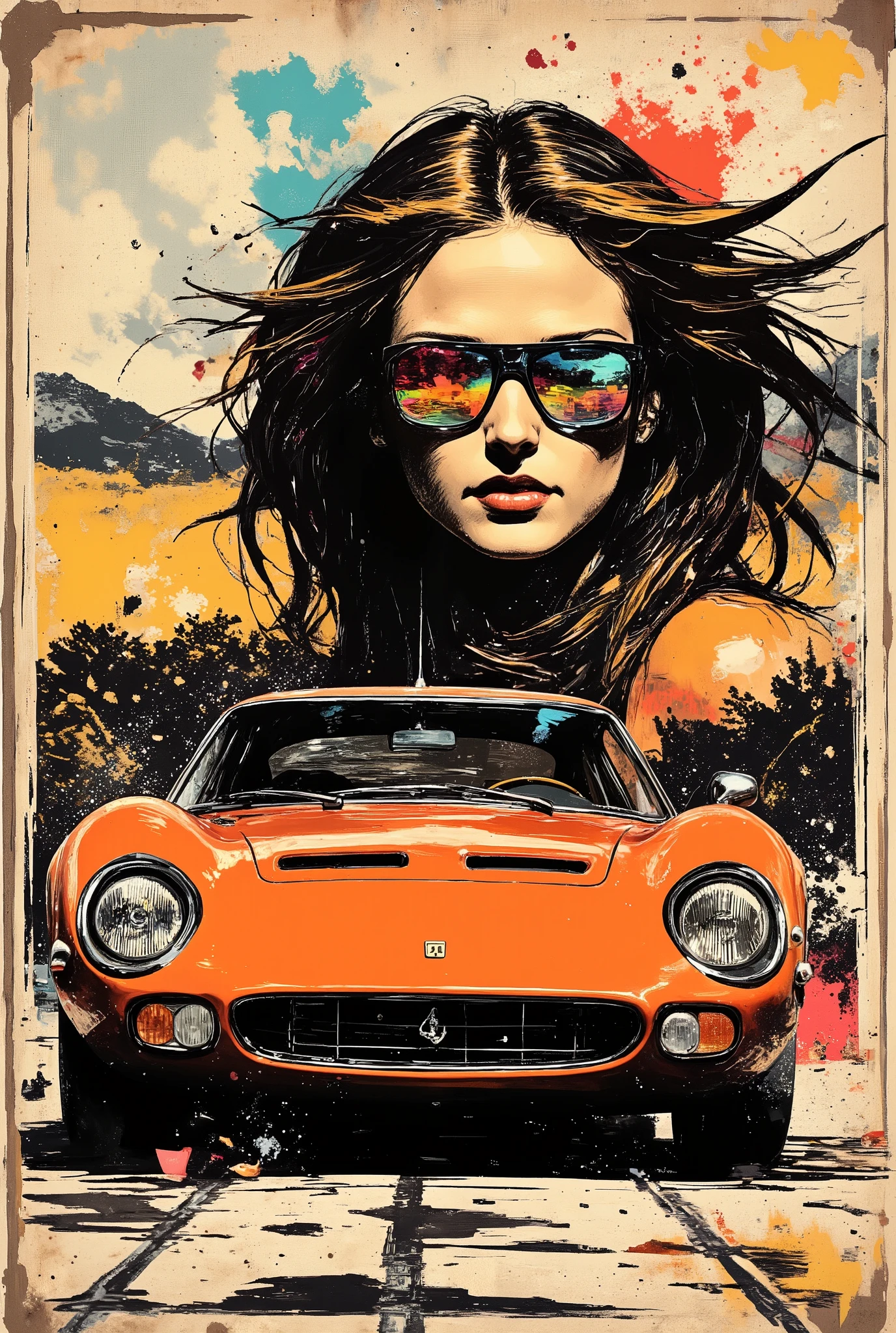 A bright and artistic poster depicting a Ferrari 250 GTO. The words "Ferrari 250 GTO" are written above the car in a prominent place in stylized large font. In the background is a stylized conditional blurred portrait of a woman in mirrored sunglasses with her hair fluttering in the wind. Speed reflections are visible in the reflection of her glasses. Laconic textured style with flecks, splashes, prints, and abstract lines. The dominant color scheme is sepia black and white. The focus is on a bright orange car and an abstract brush stroke of the same color in the sunglasses area. The overall composition has a sense of speed and vintage style. The author's digital art combines elements of street art, graffiti and fine art, graphics and art. Modern and at the same time vintage, consider using elements of street art, graffiti and fine art to create a modern and at the same time vintage aesthetic.