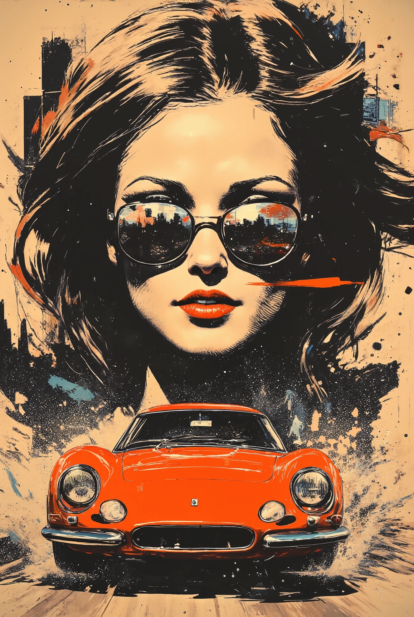 A bright and artistic poster depicting a Ferrari 250 GTO. The words "Ferrari 250 GTO" are written above the car in a prominent place in stylized large font. In the background is a stylized conditional blurred portrait of a woman in mirrored sunglasses with her hair fluttering in the wind. Speed reflections are visible in the reflection of her glasses. Laconic textured style with flecks, splashes, prints, and abstract lines. The dominant color scheme is sepia black and white. The focus is on a bright orange car and an abstract brush stroke of the same color in the sunglasses area. The overall composition has a sense of speed and vintage style. The author's digital art combines elements of street art, graffiti and fine art, graphics and art. Modern and at the same time vintage, consider using elements of street art, graffiti and fine art to create a modern and at the same time vintage aesthetic.
