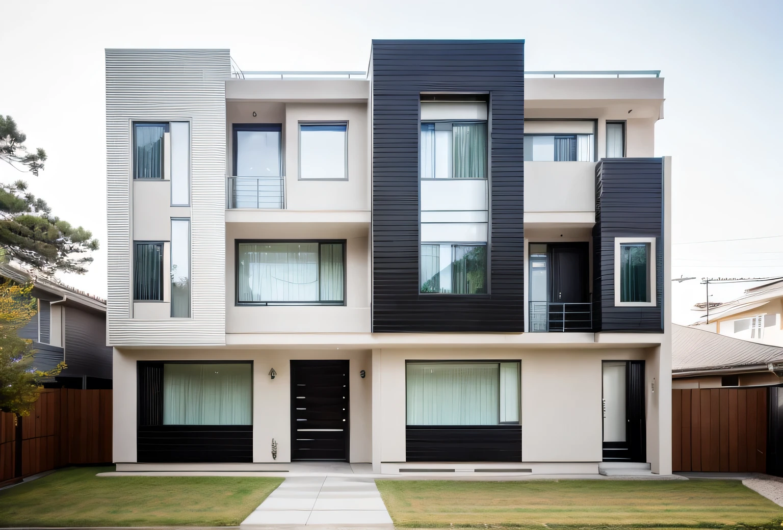 House exterior contemporary style, modernism , glass doors and windows , black metal rails, trần conwood, Masterpiece, highquality, authentic, Canon EOS 5D Mark, natural light ,