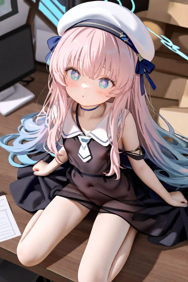 Long pink hair，blue color eyes，black and white maid clothes，Mary Jane leather shoes，white stockings