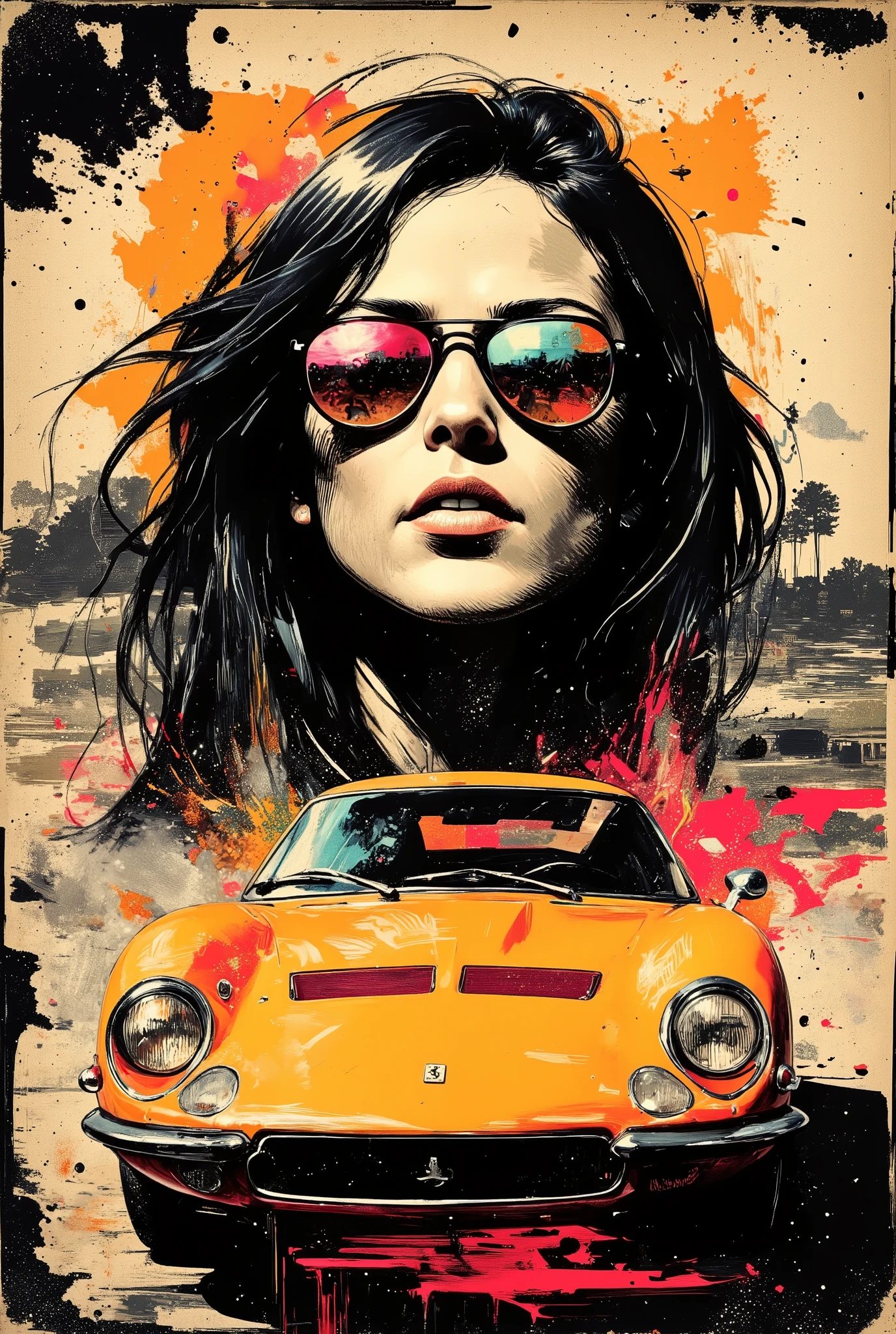 A bright and artistic poster depicting a Ferrari 250 GTO.  The words "Ferrari 250 GTO" are written above the car in a prominent place in stylized large font. In the background is a stylized conditional blurred portrait of a woman in mirrored sunglasses with her hair fluttering in the wind. Speed reflections are visible in the reflection of her glasses. Laconic textured style with flecks, splashes, prints, and abstract lines. The dominant color scheme is sepia black and white. The focus is on a bright orange car and an abstract brush stroke of the same color in the sunglasses area. The overall composition has a sense of speed and vintage style. The author's digital art combines elements of street art, graffiti and fine art, graphics and art. Modern and at the same time vintage, consider using elements of street art, graffiti and fine art to create a modern and at the same time vintage aesthetic.