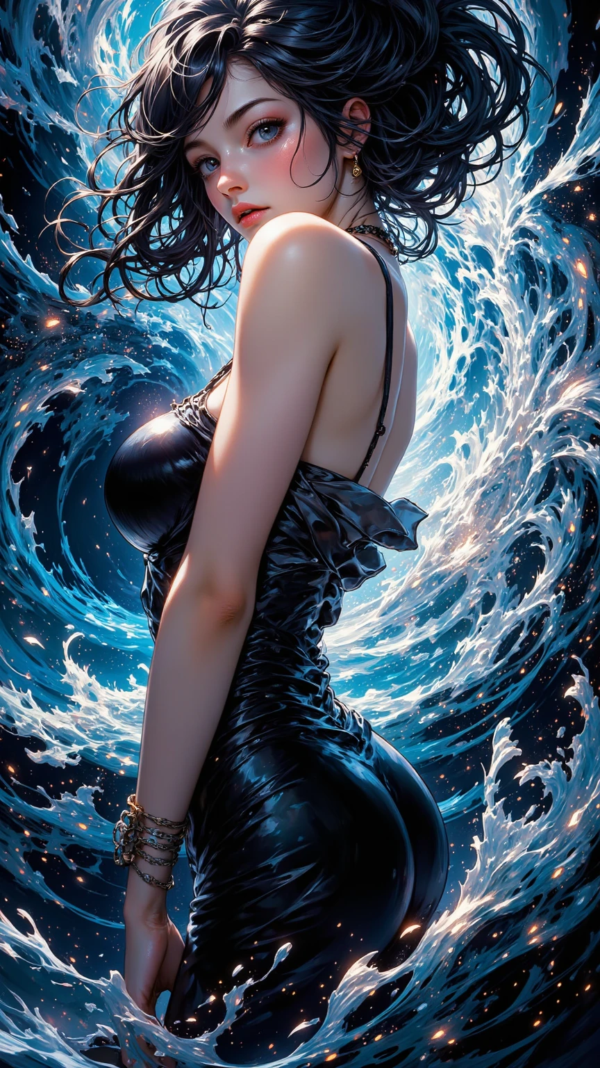 woman in a blue robe is walking into the sea, iranian,  elegant, closeup fantasy with water magic,((waves)), beautiful maiden, wearing a robe made of water, cleavage, realistic oil painting, rose byrne, dripping wet, in water up to her shoulders, woman soaked by waves,  beautiful realistic painting, nymph in the water, hyperrealist portrait in ocean, hyperrealistic fantasy photo, splashing, realistic fantasy painting, cute shot, narrow depth of field, portrait, sunset, 8k, drenched, ((soaked)), dripping water, dripping oil, heavy clothes, soaked in oil, wet all over, short dark hair, wet dripping hair, pov shot, portrait, posing, twilight, red sun, sun glare, ((looking at viewer))