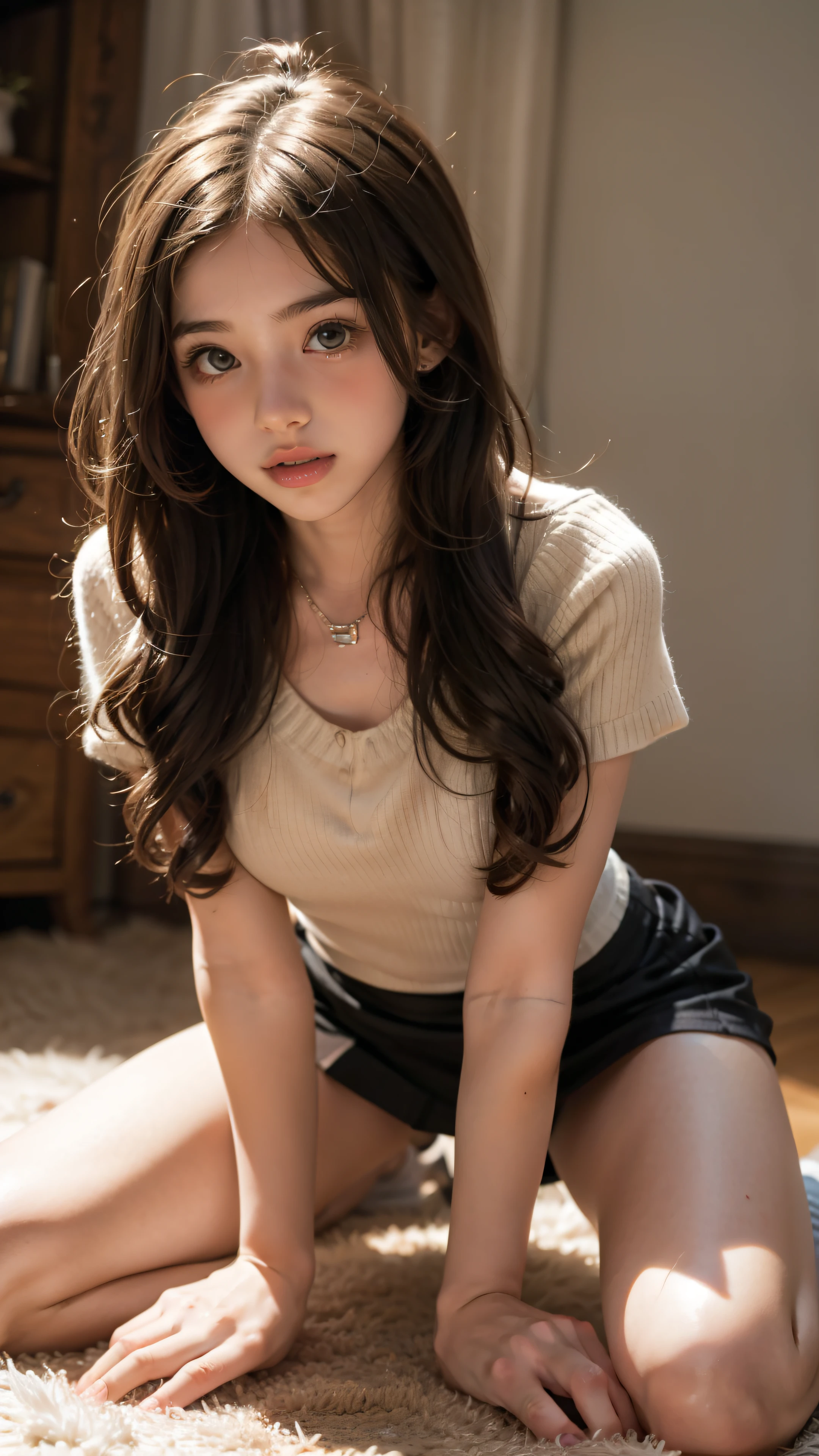 sassy girl (tween) In miniskirt , kneeling, legs spread apart, gap between thighs
