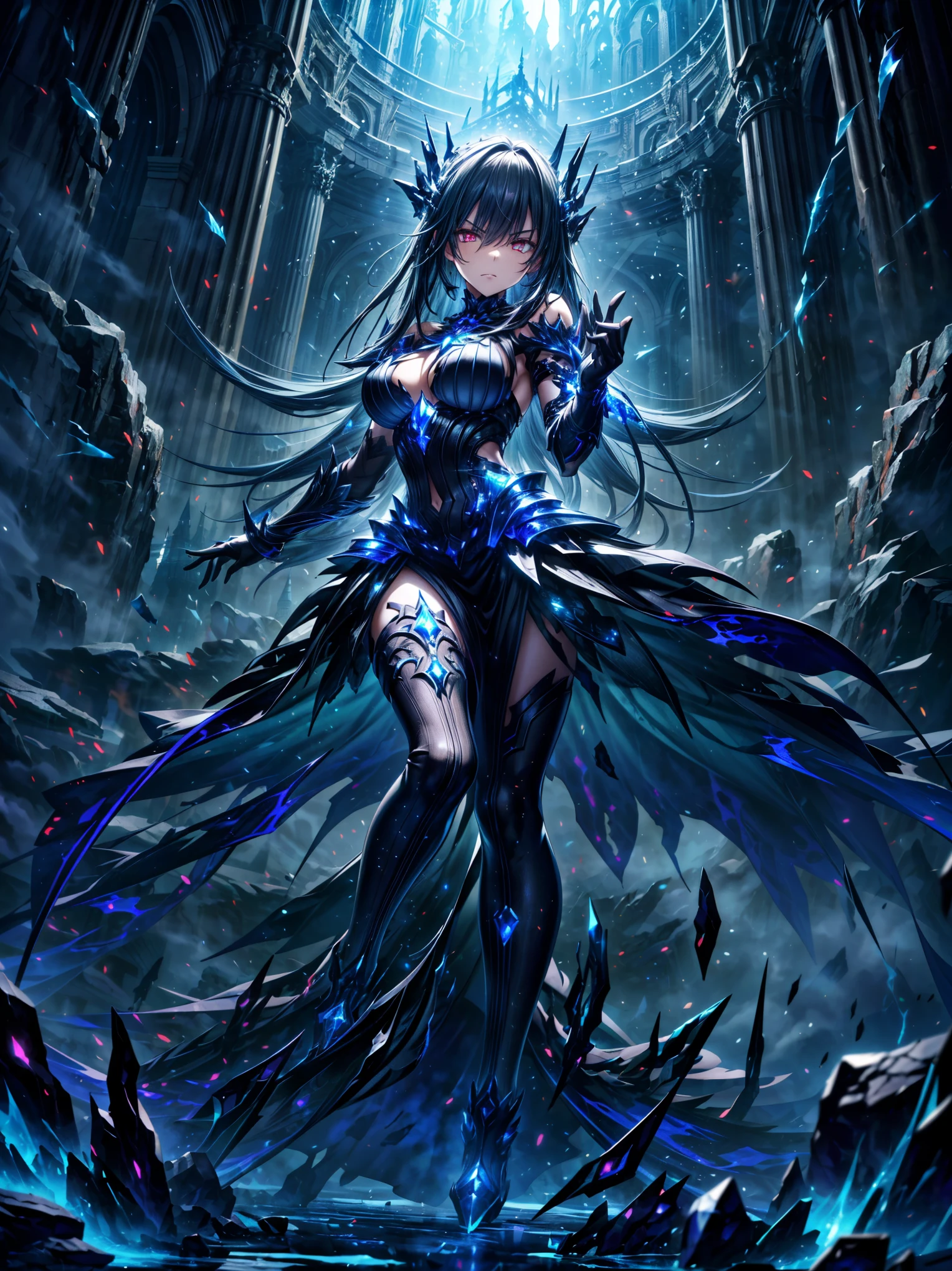 (((masterpiece, best quality, high detailed, 16k))) (1girl) A strikingly beautiful and imposing young woman with long, flowing sapphire blue hair that cascades down her back like a waterfall, and piercing, cold crimson eyes that burn with disdain. Her expression is one of utter contempt, as if she looks down on all who dare to approach. She wears a sleek, form-fitting black and silver armor, adorned with dark blue gemstones that glow faintly, reflecting her cold, untouchable aura. Her armor is intricately detailed, with sharp, angular designs resembling shattered glass, giving her a regal yet menacing presence. She stands in a dark, misty fortress, surrounded by towering spires of onyx, the air thick with an aura of power and superiority. In her hand, she wields a long, slender black blade with glowing red runes, the weapon itself pulsating with dark energy. ((full body front view)), (extremely detailed:1.5)
