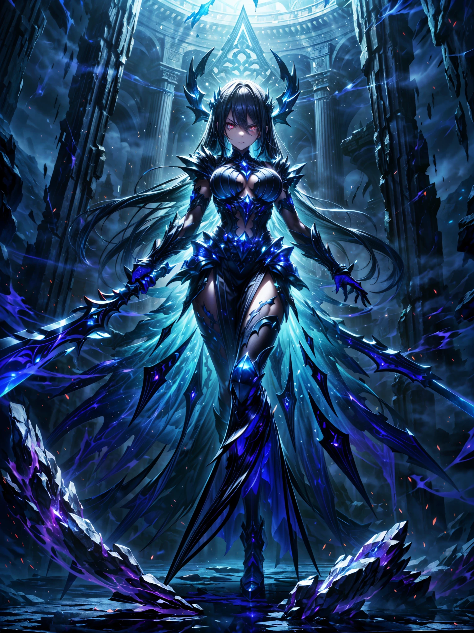 (((masterpiece, best quality, high detailed, 8k))) Design a layout showcase Gaming character, (1girl). Purple|Silver clothes, stylish and unique. ((showcase weapon:1.4)), magical orb. (masterpiece:1.2), (best quality), 4k, ultra-detailed. (Step by step design, layout art:1.5), (luminous lighting, atmospheric lighting). sorceress, ((glove full hands)), (((revealing clothes:1.3))), vambraces, armored legwear, (((full_body_shot:1.4))). {In an enchanted castle}.