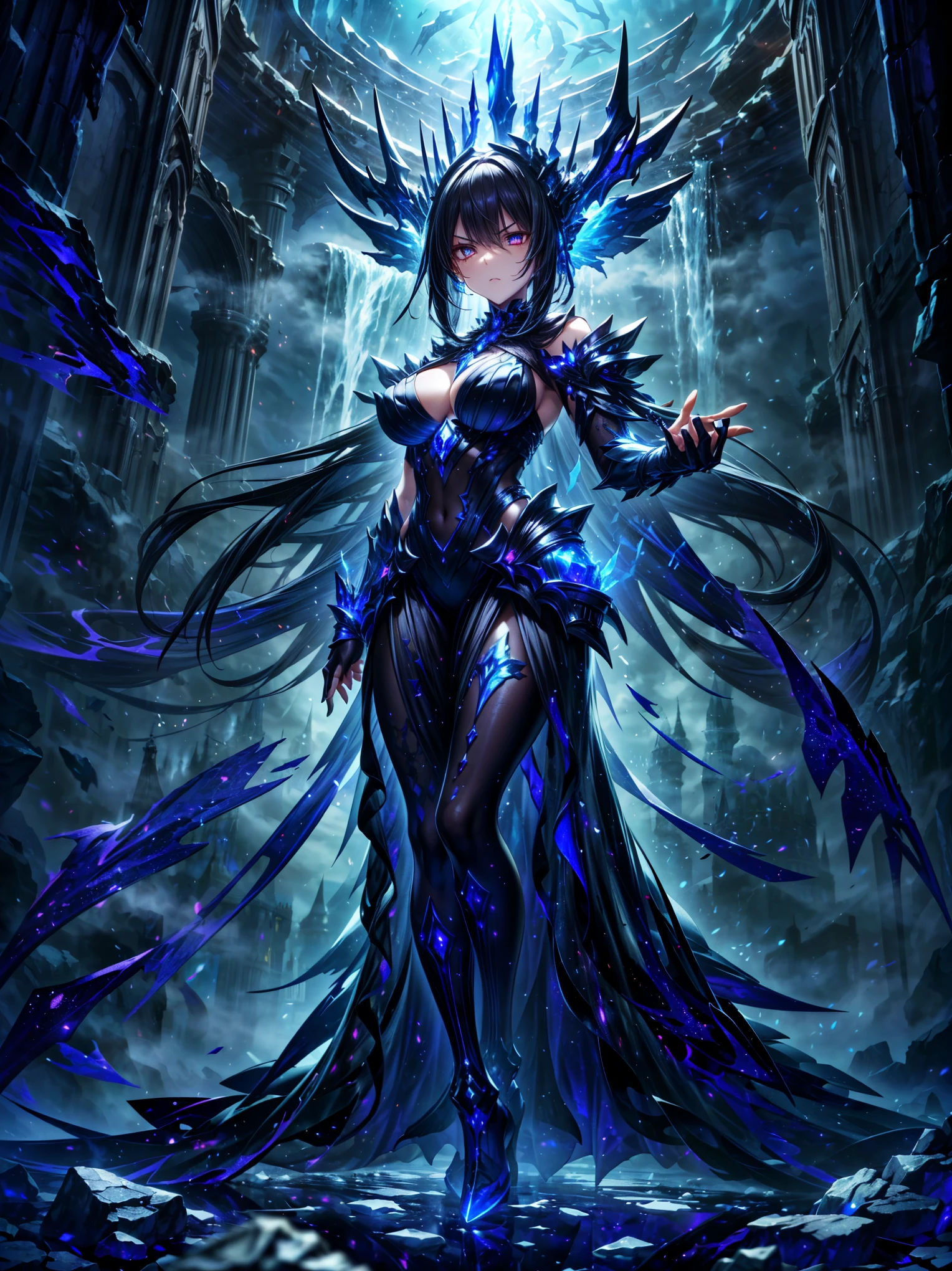 the holy sword Durandal, shatters the transparent crystal ball, erupting rainbow cosmic rays and sending the galaxy hurtling towards destruction, beautiful demon queen, cool and sadistic, amorous and lewd face, looking down with a cold gaze, background galaxy, (ultra detailed, absolutely resolution, best quality:1.3), 2.5D, delicate and dynamic, artistic photography, hyper realistic, graphic CG digital art