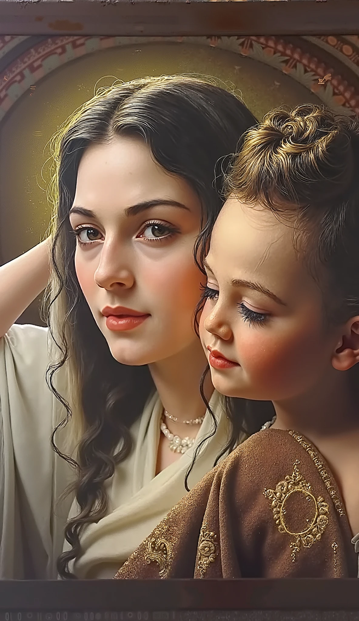 a painting of a woman holding a child, by Hans Erni, by Cimabue, by John Keane, inspired by Pietro Lorenzetti, oil painting from the 1980s, by Ettore "Ted" DeGrazia, by Mary Agnes Yerkes, fresco painting, by Ram Chandra Shukla, inspired by Francesco del Cossa