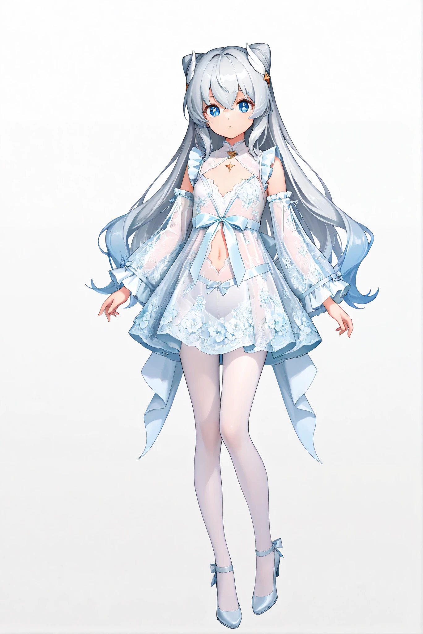 floral mesh robe, long sleeves, see-through, satin bow belt
( stands,whole body, high heels:1.7),Ctianmus3, +_+, blue eyes,short dress, white pantyhose, detached sleeves, clothing cutout, navel, frilled sleeves,