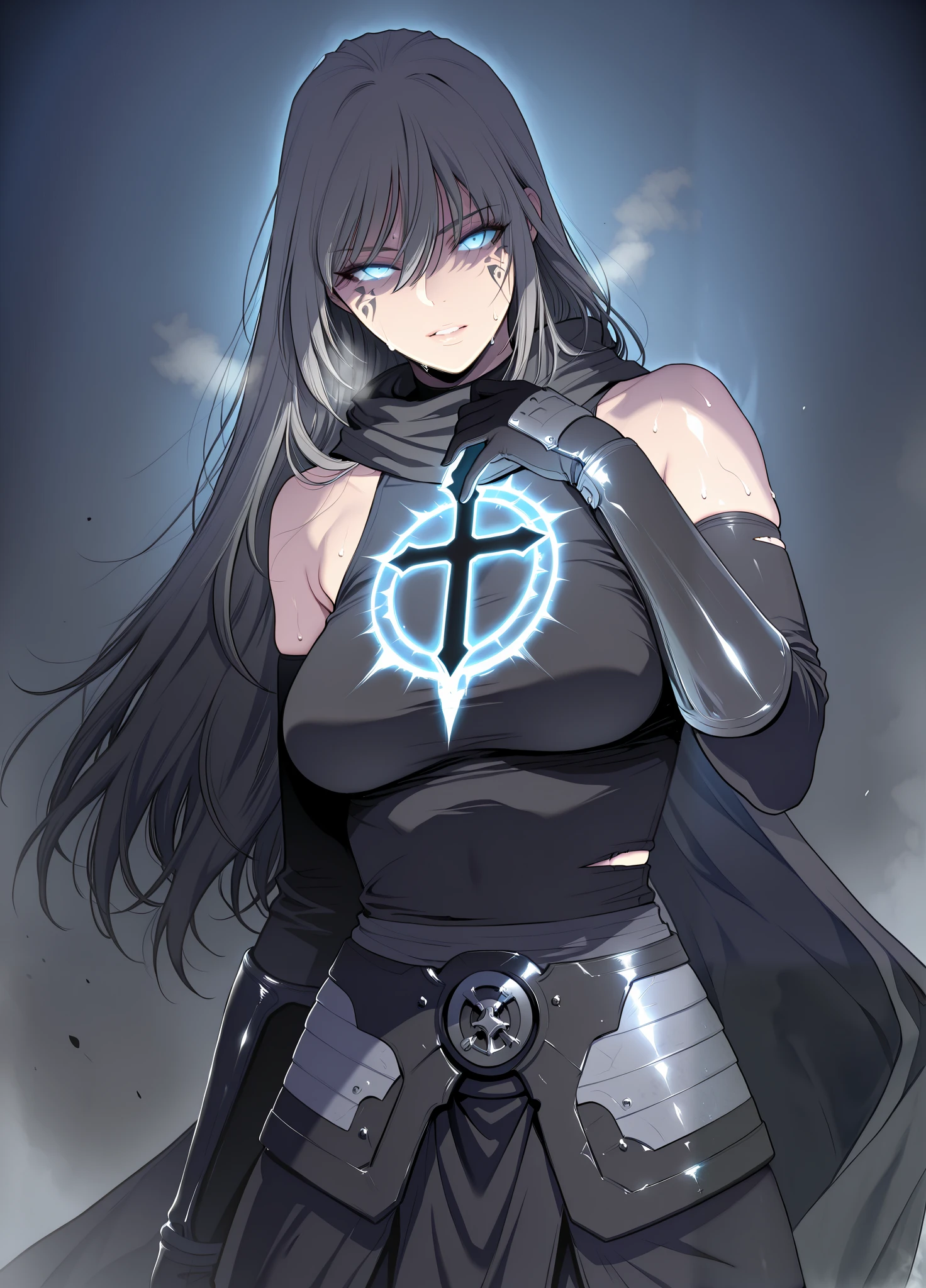 masterpiece, high quality, absurdres, best quality, very aesthetic, newest, anatomical correct, HD, 4K, digital art, trending on DeviantArt, gasping, heavy breathing, excessive sweating, sweating, sweating profusely, gasping profusely, cinematic, ((skindentation)), ((voluptuous)), Teresa_Corrupt, facial tattoo, facial mark, blue eyes, long hair, grey hair, black hair, hair between eyes, (buta-style), 1girl, solo, gloves, cross, glowing, dress, breasts, black_dress, black_gloves, looking_at_viewer, bare_shoulders, glowing_eyes, (aura:1.2), detached_sleeves, fog