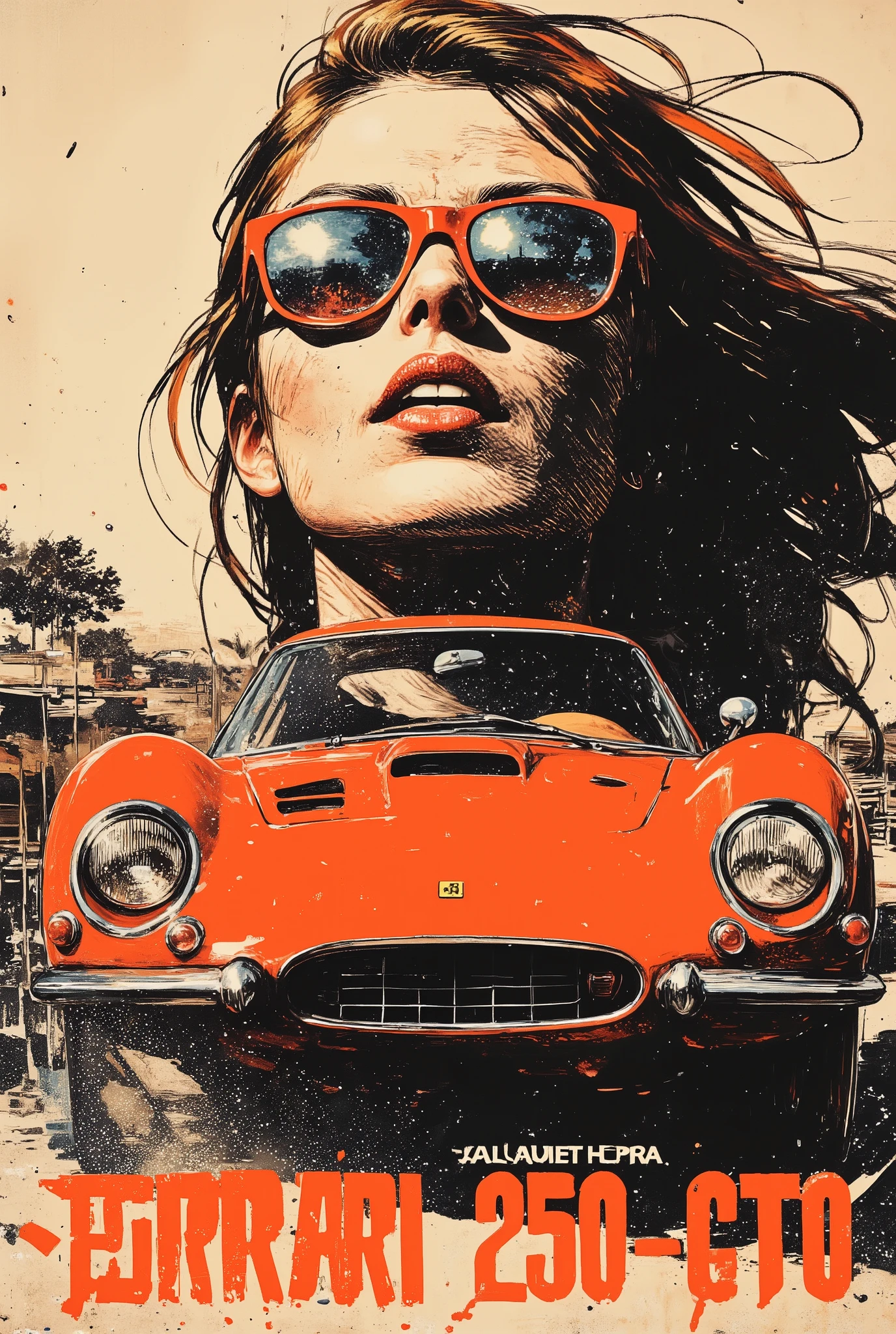 A bright and artistic poster depicting a Ferrari 250 GTO.  The words "Ferrari 250 GTO" are written above the car in a prominent place in stylized large font. In the background is a stylized conditional blurred portrait of a woman in mirrored sunglasses with her hair fluttering in the wind. Speed reflections are visible in the reflection of her glasses. Laconic textured style with flecks, splashes, prints, and abstract lines. The dominant color scheme is sepia black and white. The focus is on a bright orange car and an abstract brush stroke of the same color in the sunglasses area. The overall composition has a sense of speed and vintage style. The author's digital art combines elements of street art, graffiti and fine art, graphics and art. Modern and at the same time vintage, consider using elements of street art, graffiti and fine art to create a modern and at the same time vintage aesthetic.