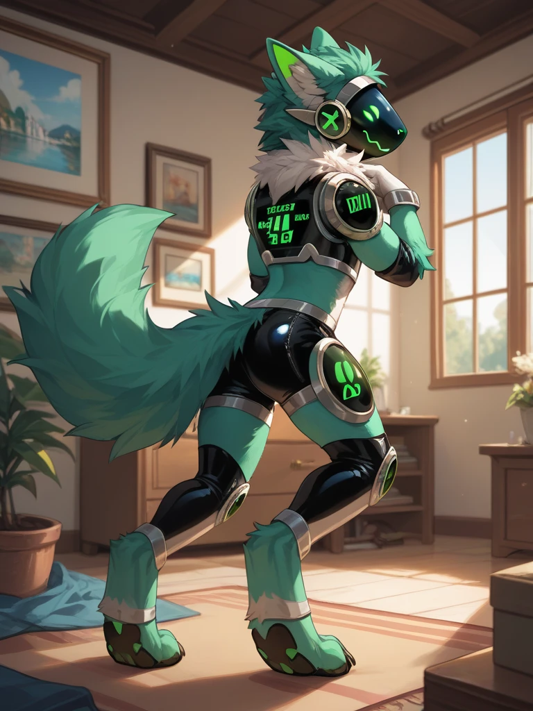 Protogen, (white fur with some green strands of fur) , bedroom, happy, male, 8 foot 0, standing, looking at viewer, muscular, (big ass), back view, ass bursting out of green underwear, green glowing balls, bending over, white ass, cock, cum,