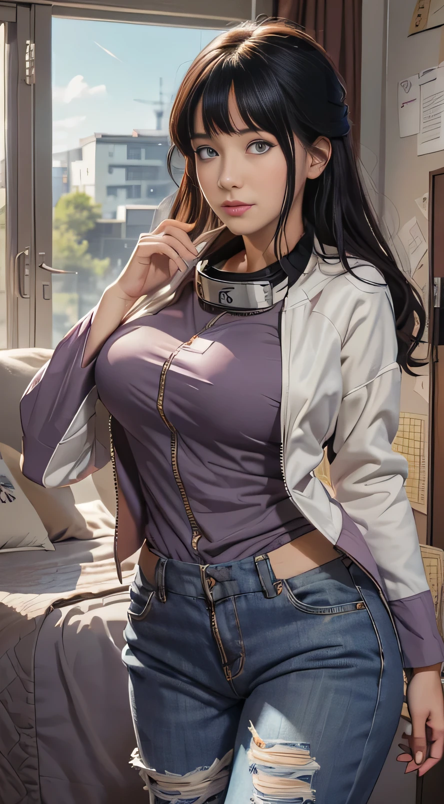 masterpiece, high quality, highres, 1girl, solo, nsfw,
ChopioHinata, looking at viewer, blunt bangs, long hair, blush, white eyes, no pupils, outfit1, hooded jacket, jacket, long sleeves, purple jacket, fishnet undershirt, pants, bandages, forehead protector, konohagakure symbol, fishnet,
bedroom, doorway, seductive smile, standing, large breasts, cleavage, (straight-on:1.1), open jacket, unzipped jacket,