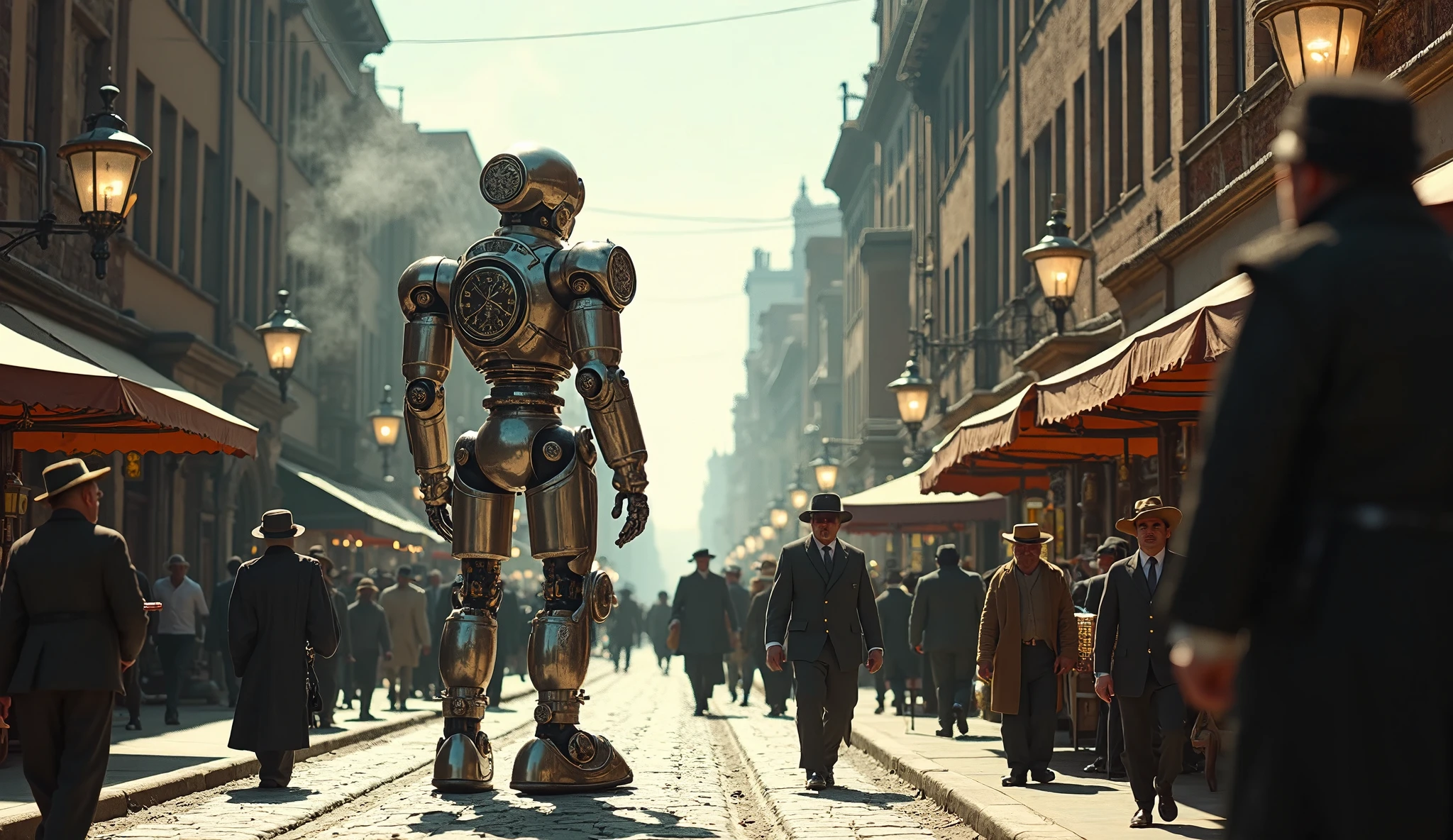 there are many people walking down the street with steam powered equipment, highly detailed vfx, by Tomasz Jedruszek, inspired by Robert Fawcett, promotional image, inspired by Phil Foglio, robot guards, promotional photograph, by Nathan Wyburn, ecopunk --auto --s2