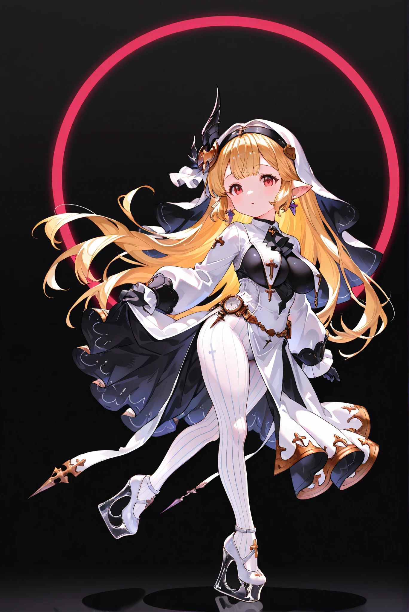 ( stands,whole body:1.7),ruanyi0847,bodysuit,breast curtains,dress,nun,pantyhose,pelvic curtain,HoleHeels,Hole platform/ oval/ Circle Heels,Heels ,Maglielle ( Granblue Fantasy), harvin, shortstack, blonde hair, long hair, bangs, pointy ears, red eyes, hair ornament, hairband , earrings, white dress, puffy long sleeves, sleeves past wrists, jewelry, ascot, black gloves, white pantyhose, striped pantyhose, shoes,limited palette, Black Background ,Colorful, vivid colors ,Flashing silhouette ,neon,black light ,watch, Masterpiece, very beautiful ,r