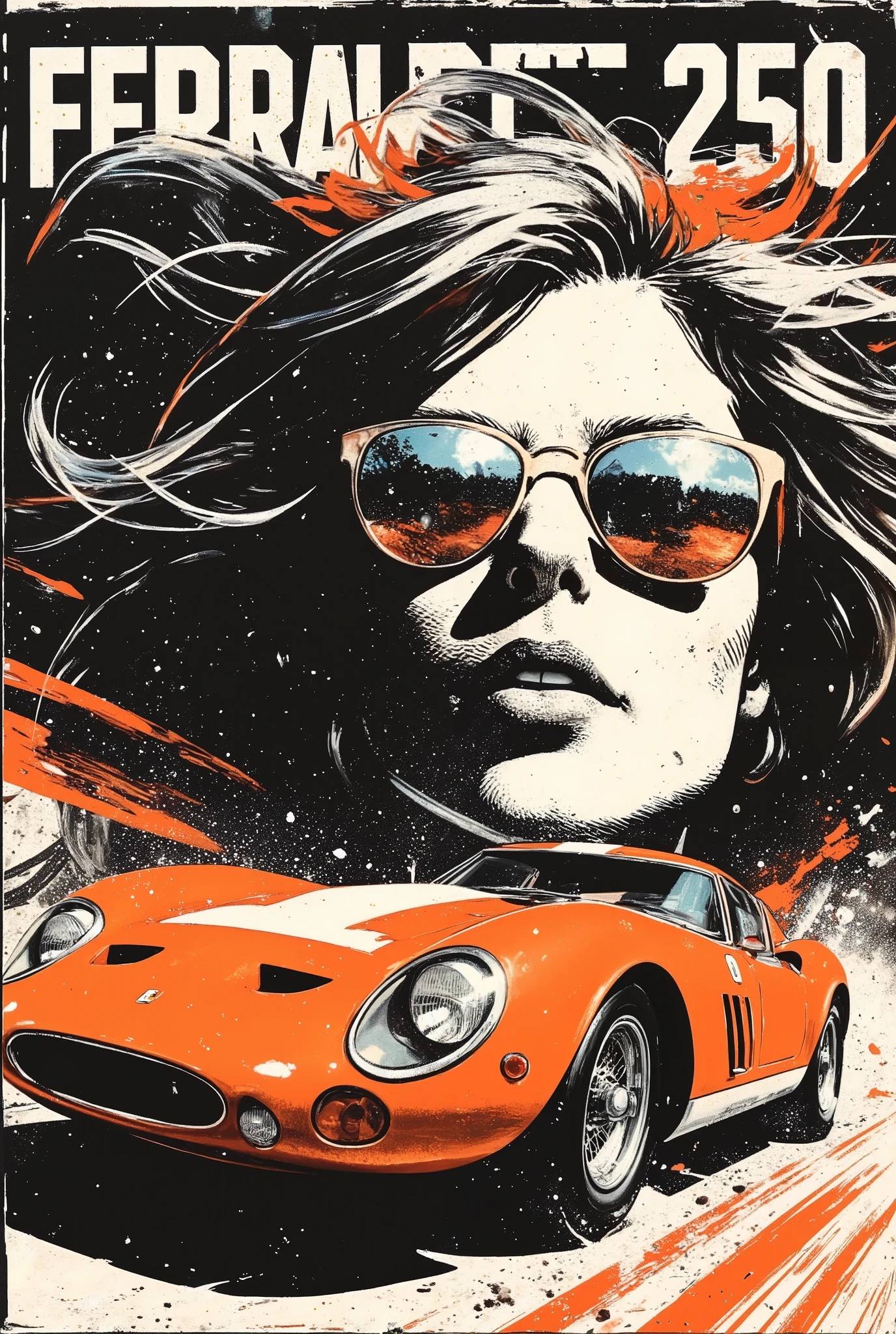 A bright and artistic poster depicting a Ferrari 250 GTO. The words "Ferrari 250 GTO" are written above the car in a prominent place in stylized large font. In the background is a stylized conditional blurred portrait of a woman in mirrored sunglasses with her hair fluttering in the wind. Speed reflections are visible in the reflection of her glasses. Laconic textured style with flecks, splashes, prints, and abstract lines. The dominant color scheme is sepia black and white. The focus is on a bright orange car and an abstract brush stroke of the same color in the sunglasses area. The overall composition has a sense of speed and vintage style. The author's digital art combines elements of street art, graffiti and fine art, graphics and art. Modern and at the same time vintage, consider using elements of street art, graffiti and fine art to create a modern and at the same time vintage aesthetic.